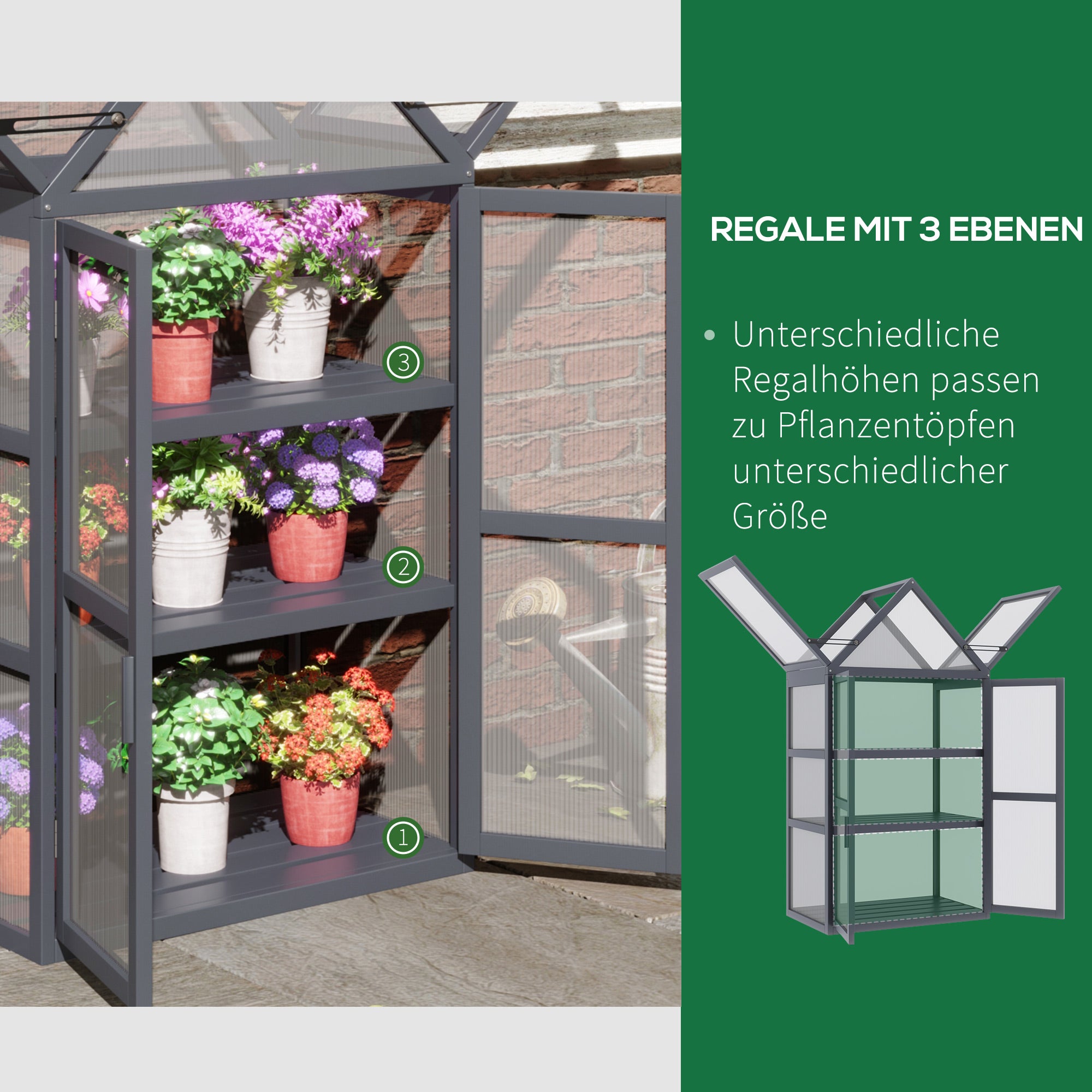 Mini serra fredda a 3 piani, tetto incernierato e doppia porta, realizzata in legno e policarbonato resistente alle intemperie, colore naturale - 7