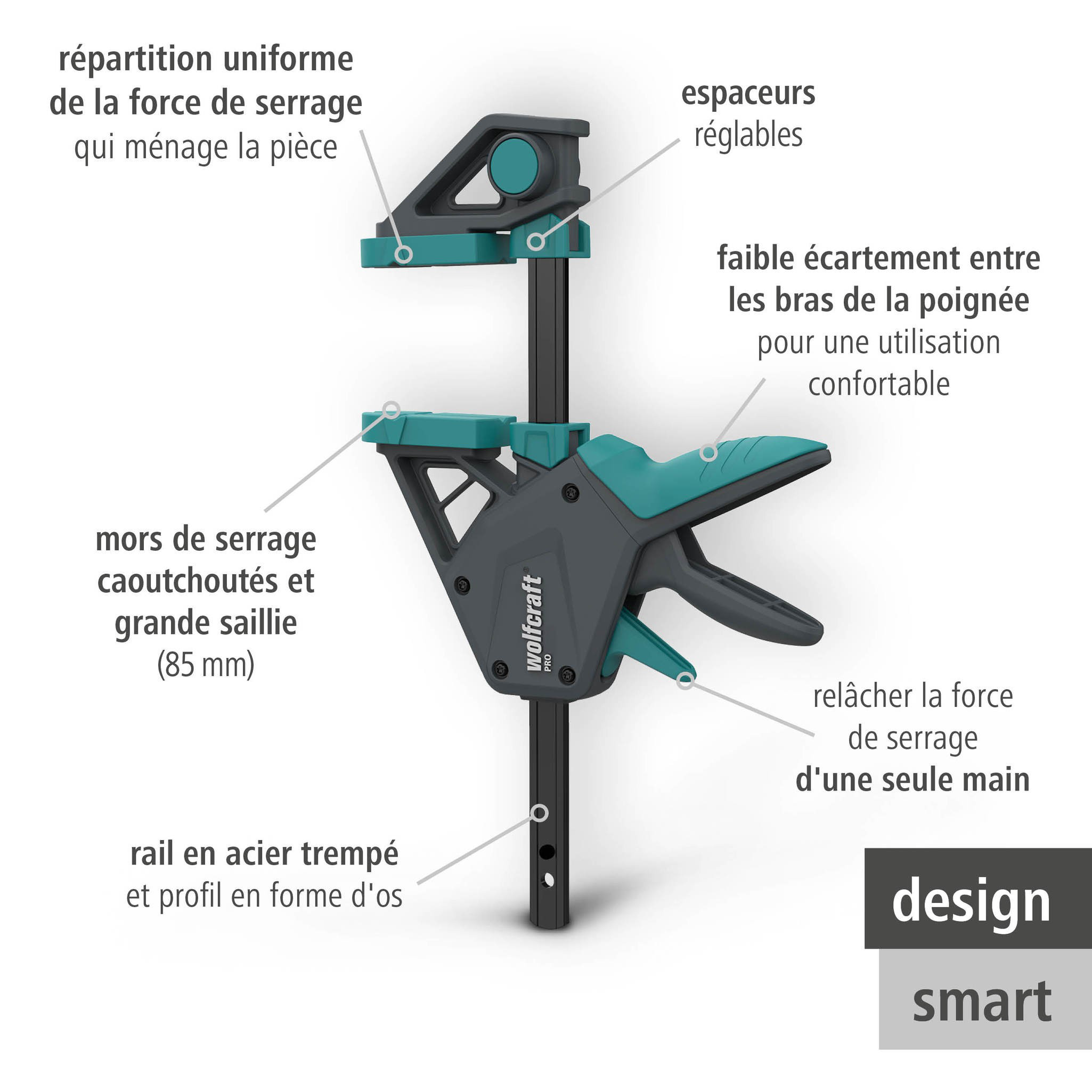 Kit de 2 Serre-Joints à une main PRO - Ouverture jusqu'à 450 mm - Force de serrage max. 150 kg - wolfcraft 8672060 - 2