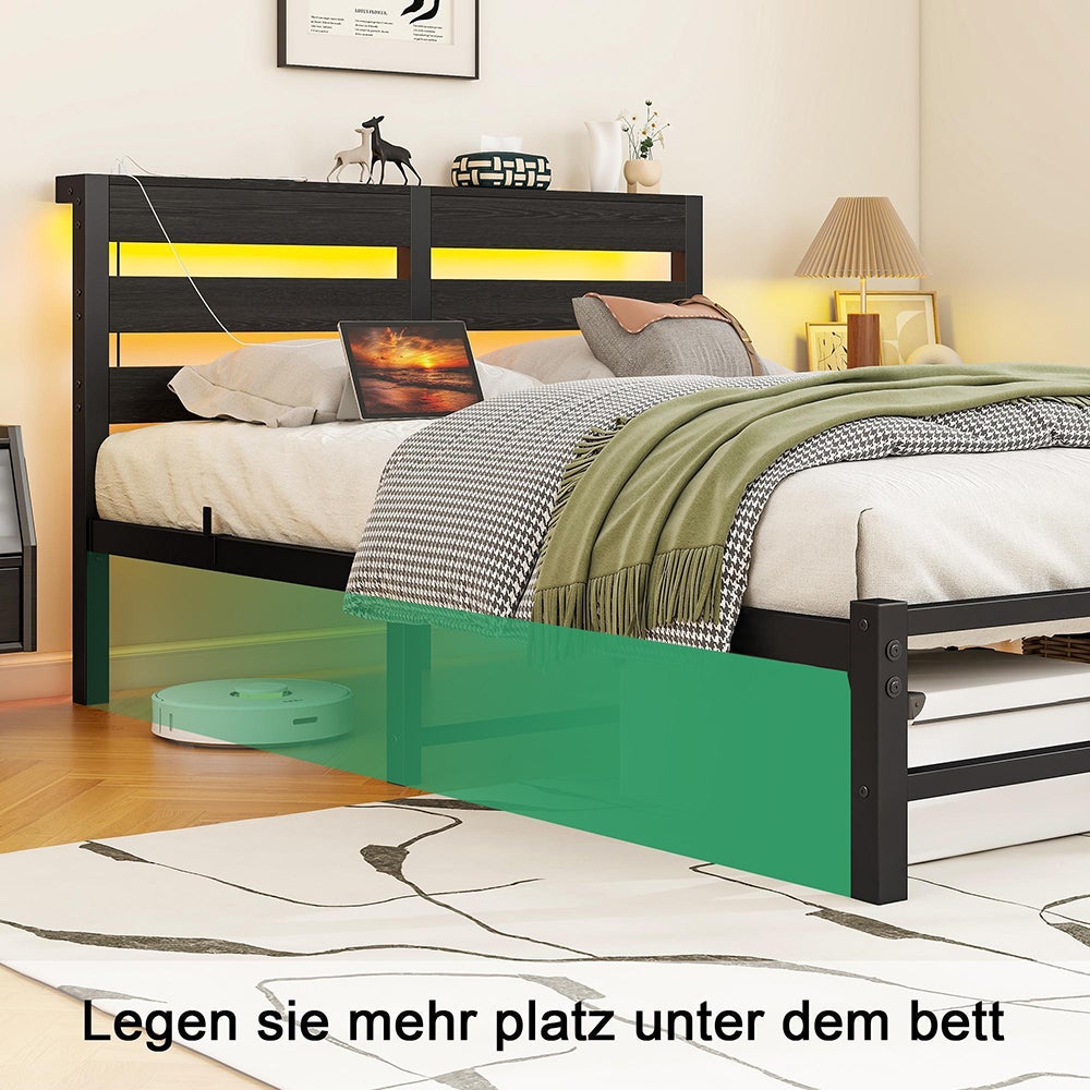 Łóżko dla dorosłych z oświetleniem LED i stacją ładującą USB, metalowa konstrukcja, materac nie wchodzi w skład zestawu, kolor czarny – 120 x 200 cm - 9