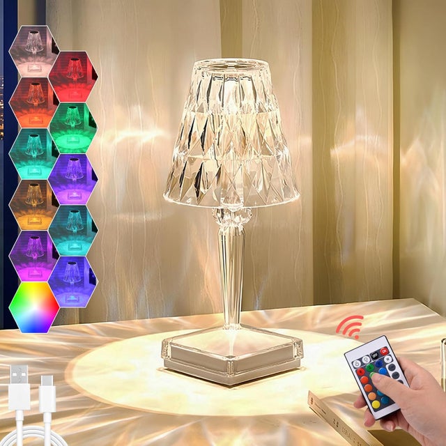 Lampe de table en cristal, lampe rose en cristal tactile à 16 couleurs changeantes, avec télécommande, veilleuse LED diamant rechargeable