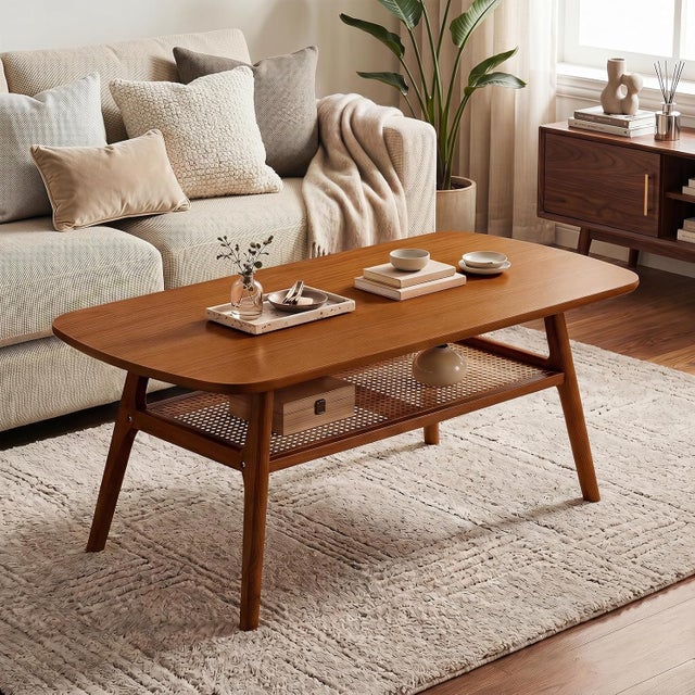 Drewniany stolik z półką z rattanu (orzech) | 2 poziomy, nośność 100 kg, stolik w stylu bohemy do salonu i sypialni, 100 x 53,5 x 45,5 cm