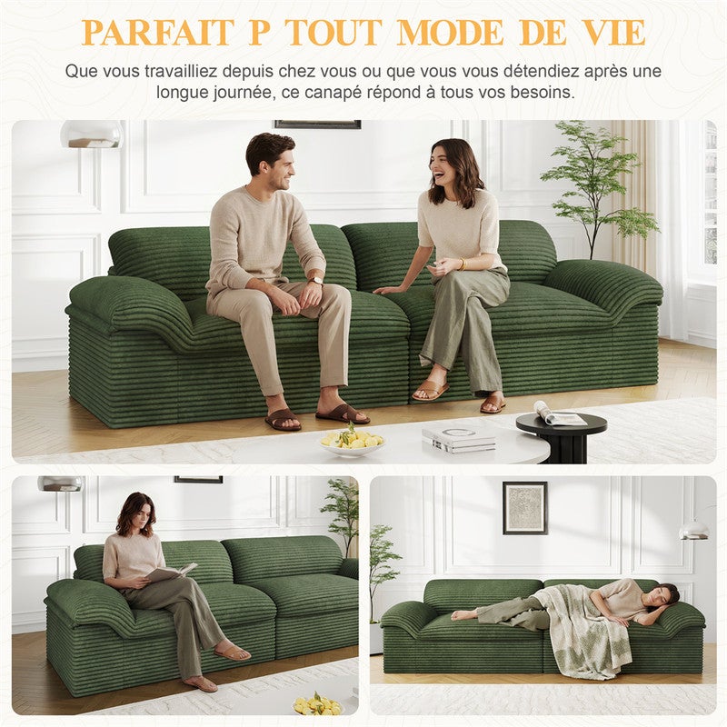 DRIPEX Canapé modulable 2/3 places en velours côtelé doux,assise profonde,sans structure,aucun montage requis,260*103*80cm,Vert - 6