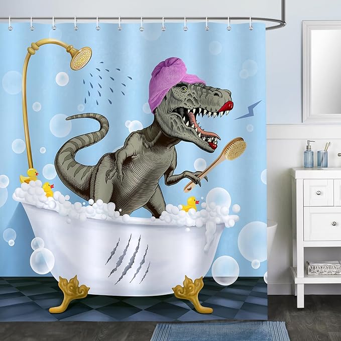 Zabawna zasłona prysznicowa z dinozaurem, wodoodporna, zmywalna, antypleśniowa – łazienka 180 x 180 cm z 12 haczykami