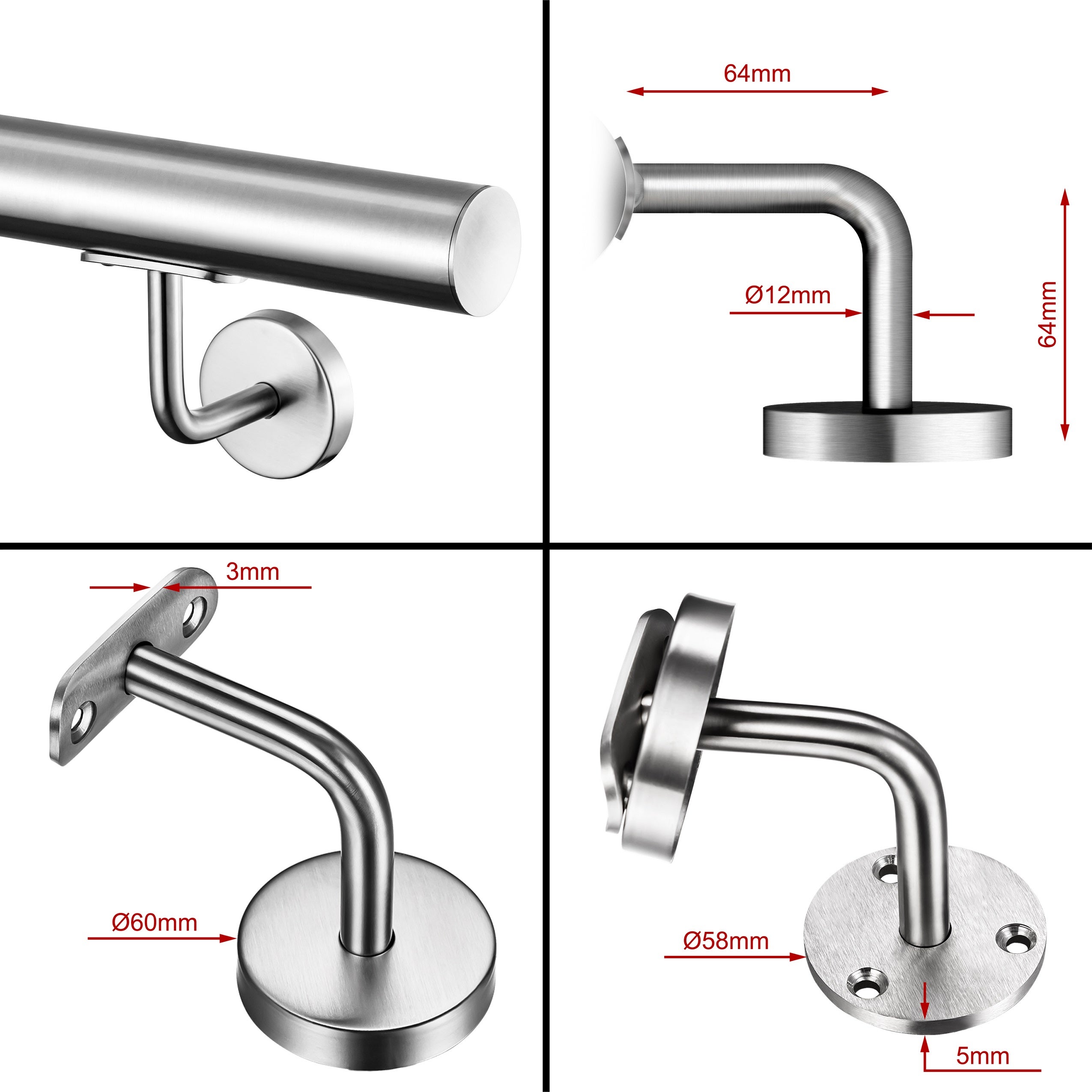 Main courante 120cm, inox 304, rampe d'escalier ronde, Ø42.4mm, avec 2 supports muraux, intérieur & extérieur - 3
