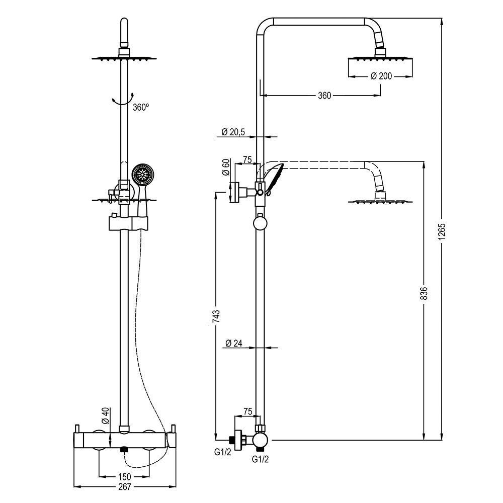 Kibath Columna De Ducha monomando redonda 83-126 cm TOR acabado cromo brillo fabricado en latón - 5