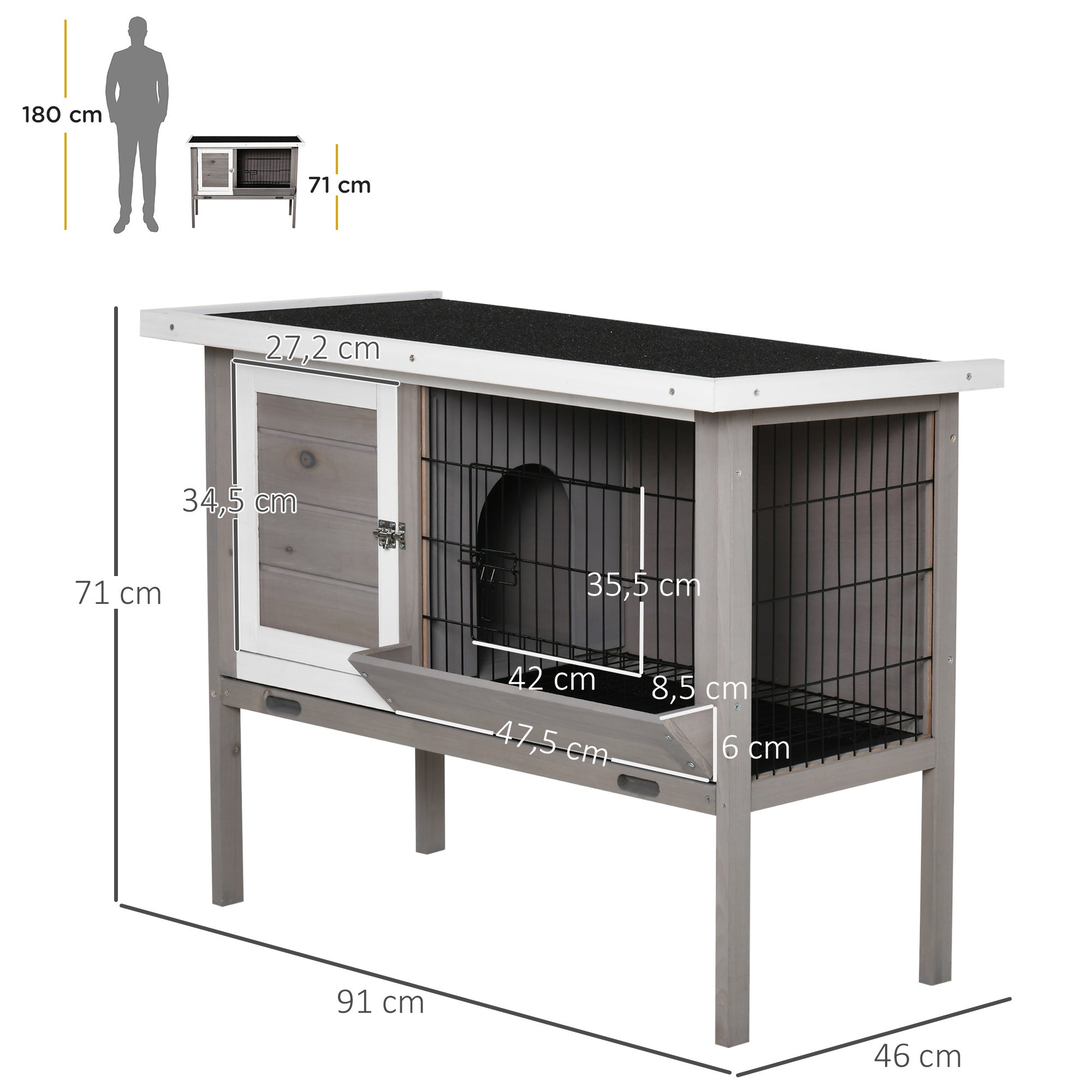 Coelheira de Madeira PawHut Cinzento Madeira de Abeto e Metal 91x46x71cm - 3