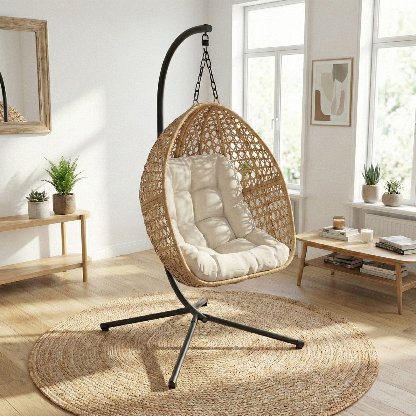 Fauteuil lune suspendu ajouré effet rotin avec coussin écru - 3