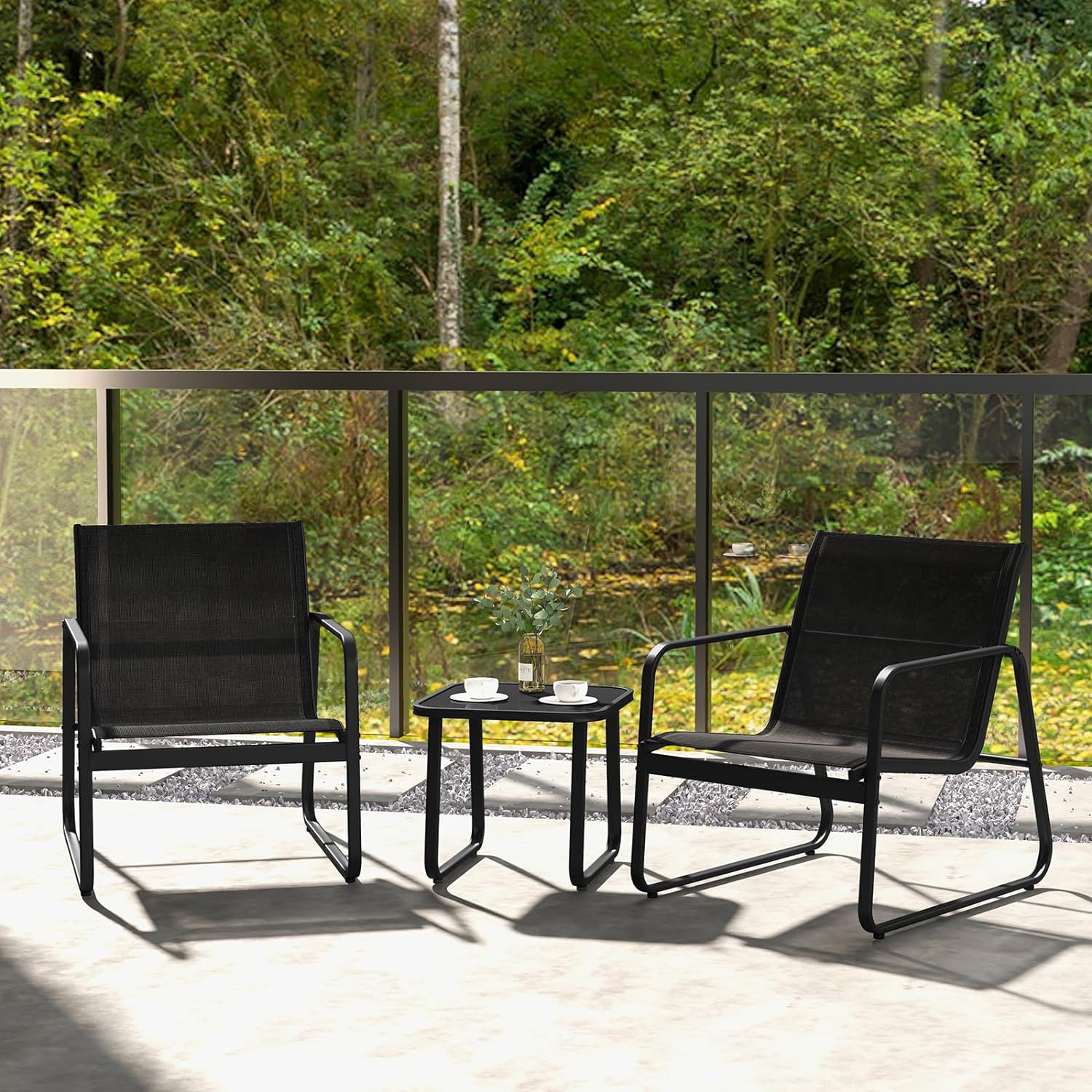 3Pcs Salon de Jardin 3 Personnes, Ensemble de 2 Chaises et de Table Basse en Verre Trempé, Salon de Bistrot avec Cadre Métallique - 6