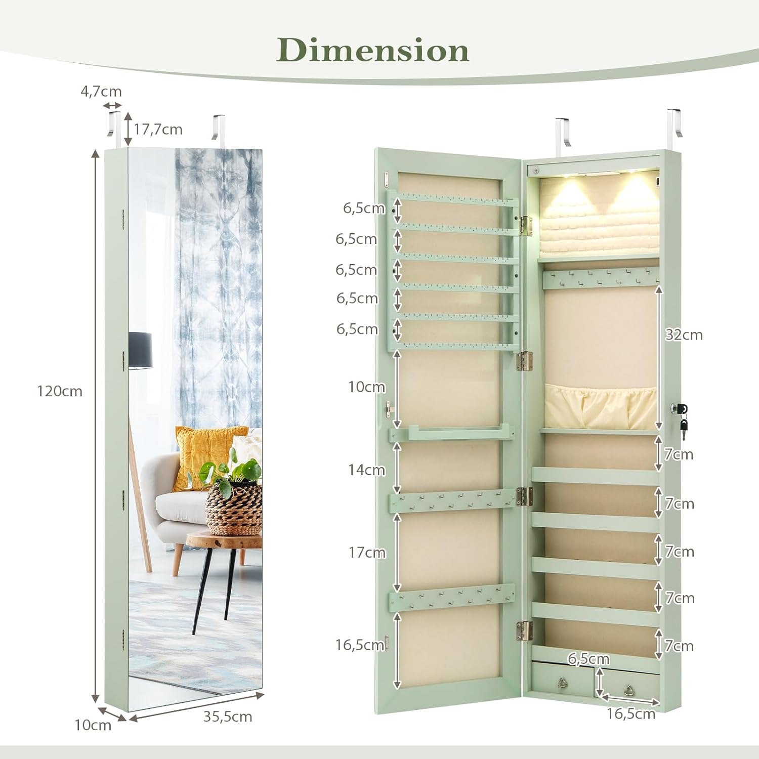 Armoire à Bijoux avec Miroir, Armoire a Bijoux Murale avec Éclairage LED, 2 Tiroirs, Fixer au Mur ou à Suspendre sur Porte (Vert) - 6