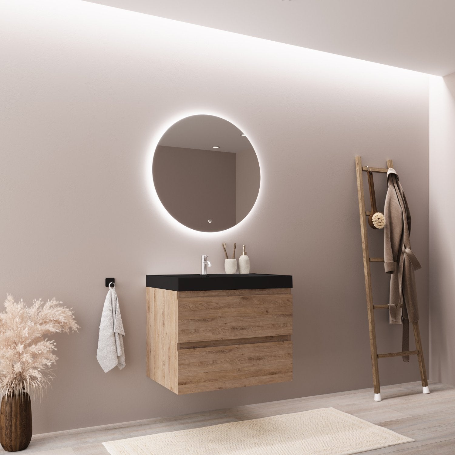 LOMAZOO Meuble de Salle de Bain 60cm Chêne Clair - Vasque Noire - Meuble Sous-Vasque Suspendu [MONACO] - 7