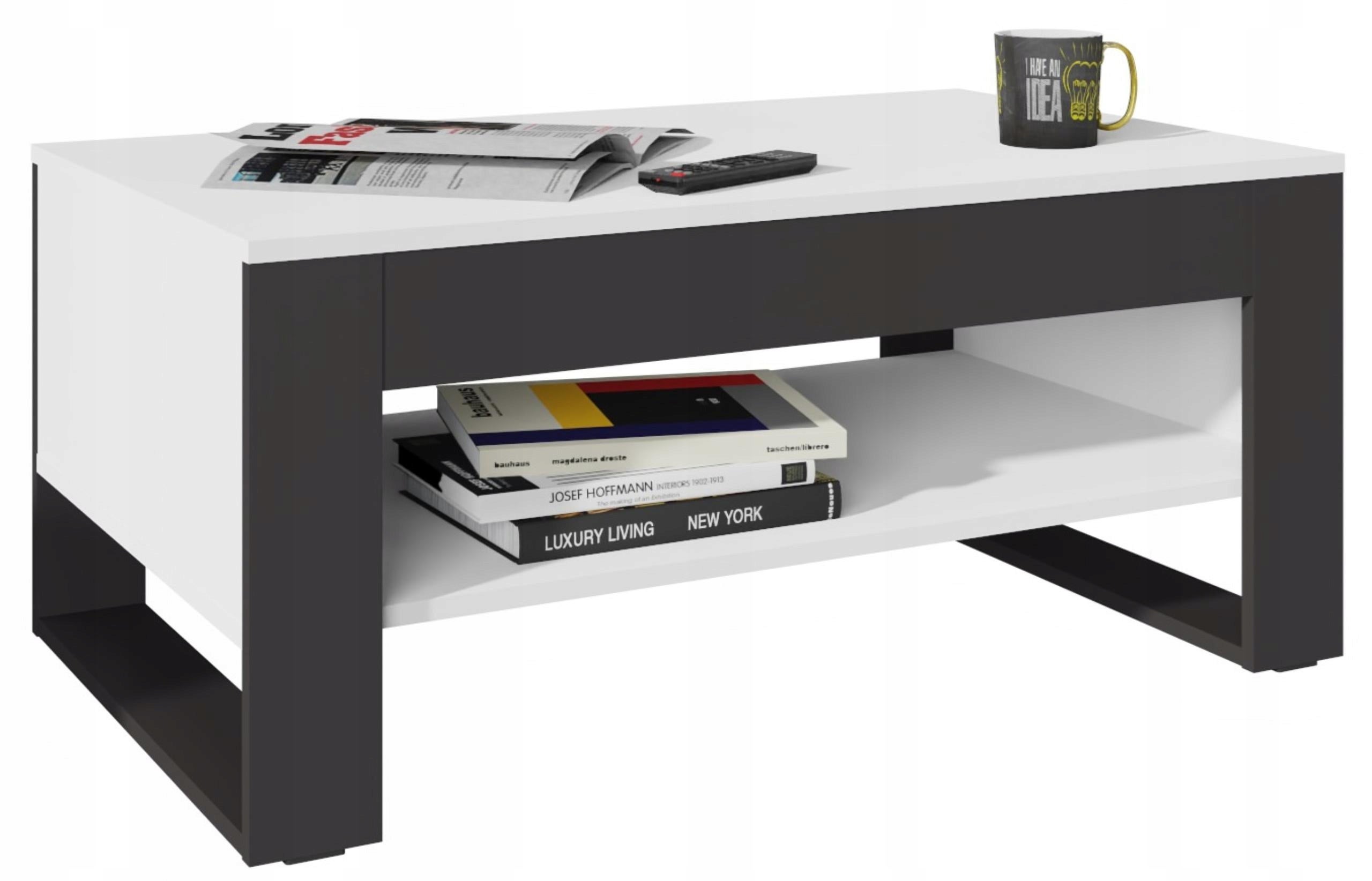 Ława FLOW biało-czarna z pojemną półką stolik kawowy 100cm loft retro