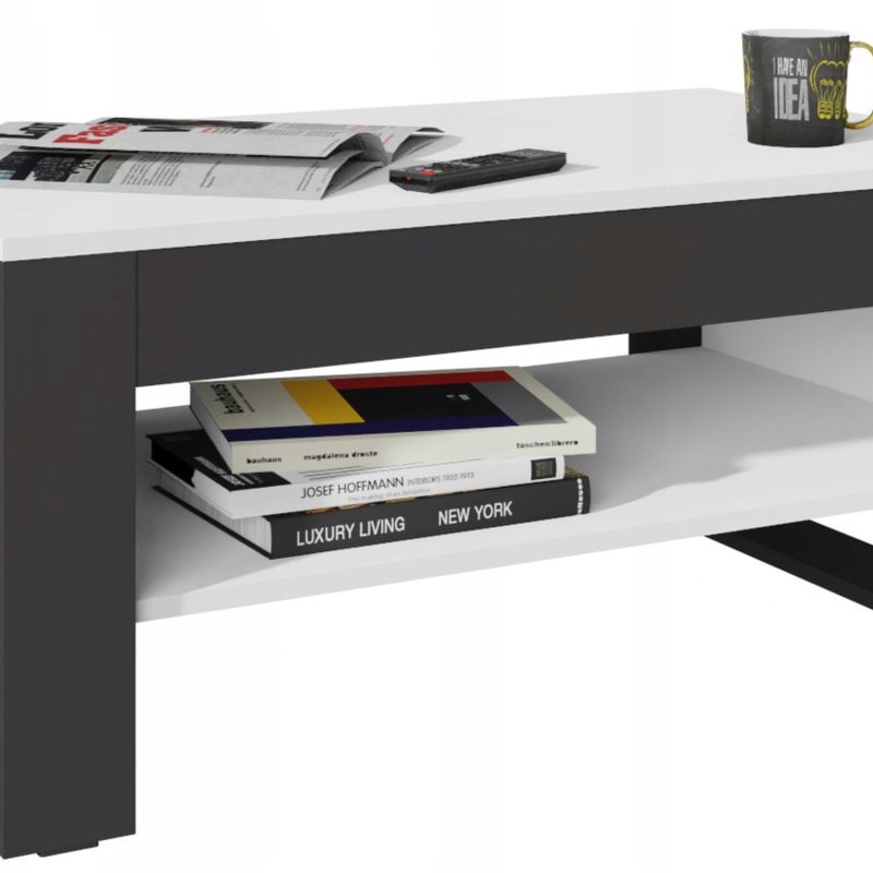 Ława FLOW biało-czarna z pojemną półką stolik kawowy 100cm loft retro