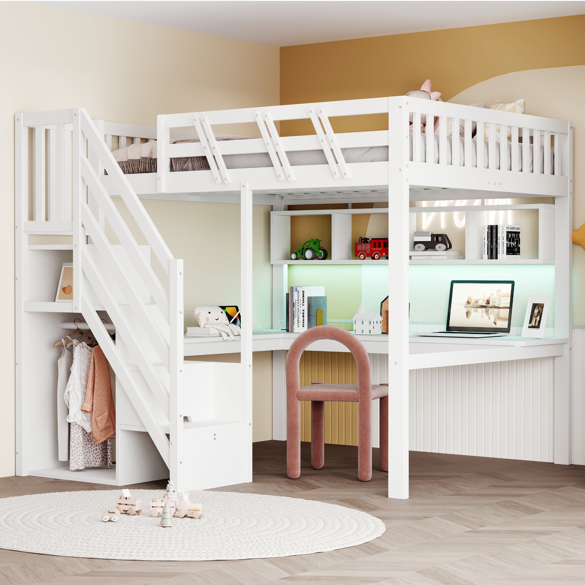 Łóżko Piętrowe dla Dzieci/Młodzieży 140x200 cm ze Schodami z Schowkami, Zintegrowanym Biurkiem, Gniazdem USB i Oświetleniem LED, Białe Drewno Lite