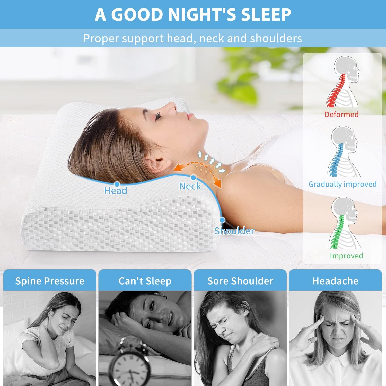Oreiller Cervical Ergonomique Mémoire de Forme, Housse Lavable, Anti-Douleur pour Nuque, Ajustable (50x30x10/7.5 cm) - 5