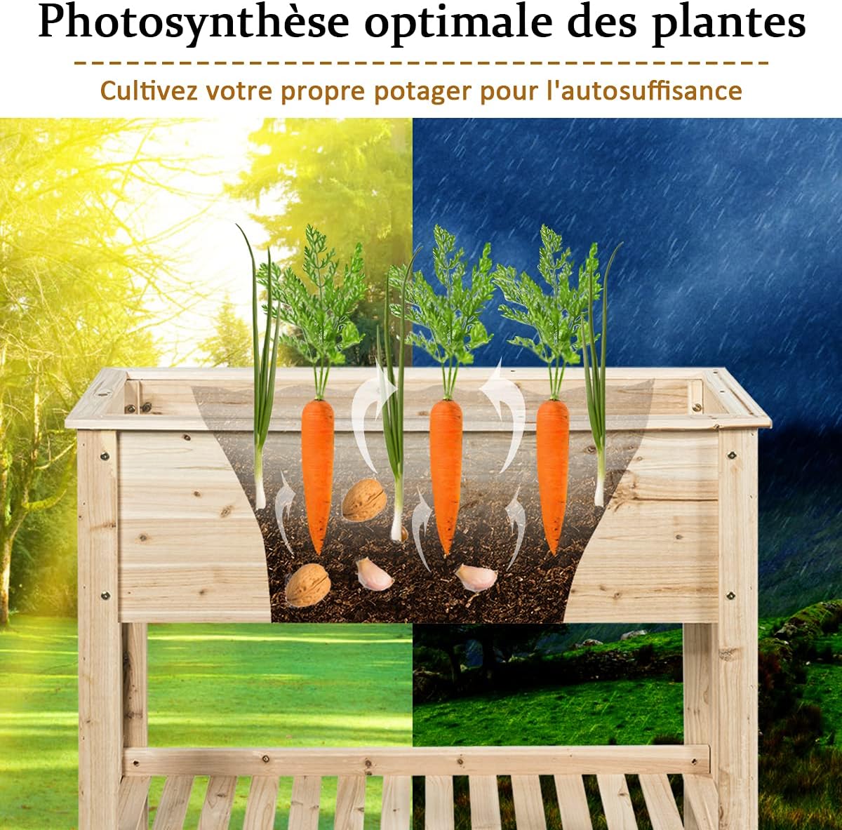 Carre Potager sur Pieds, Jardiniere Rectangulaire en Bois pour Legumes, Herbes, Fleurs, Lit Sureleve avec Etagere，Charge 80 KG(91,5 x 40,5 x 80,5 CM) - 7