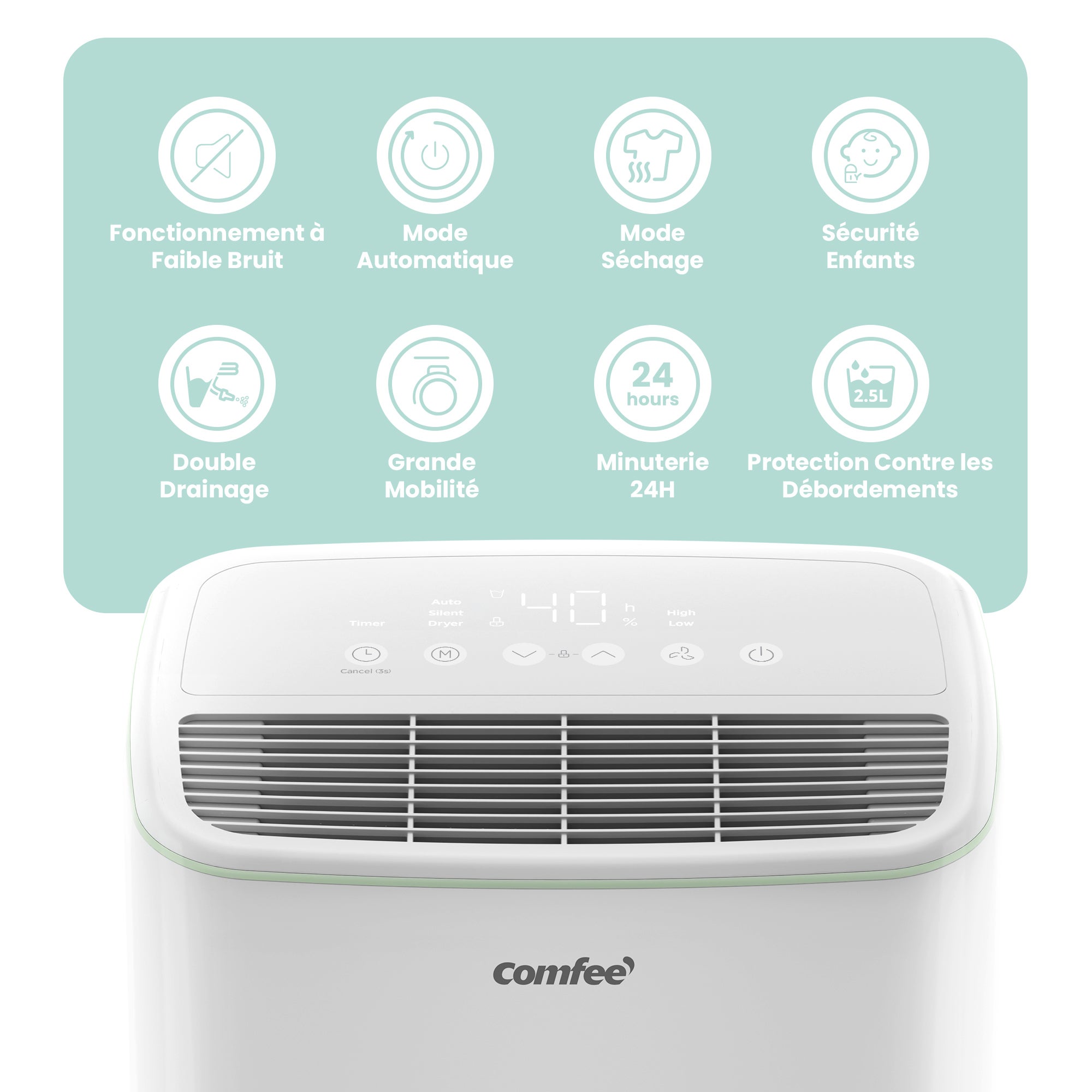 2025 COMFEE Déshumidificateur Portable 12L/Jour, 3 Modes au Choix, Réservoir Amobile 2,5L, Drainage Continu, Minuterie 24h- Pour Pièce de 20 à 35㎡ - 8