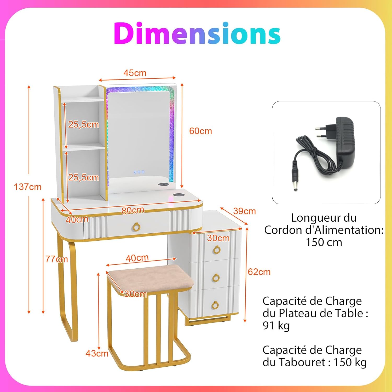 Toeletta da Trucco con Specchio e Luci, Tavolo da Trucco con Sgabello, Porta 7 Luci LED Dinamiche e 7 Luci Statiche Dimmerabili, Porte USB e 4 - 2