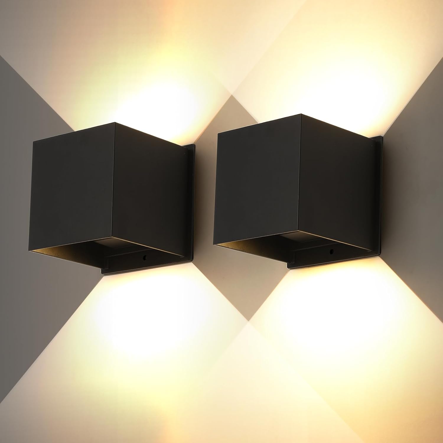 Zestaw 2 nowoczesnych, wodoodpornych, 6W, kwadratowych, regulowanych, aluminiowych lamp zewnętrznych naściennych, 3000K, czarny