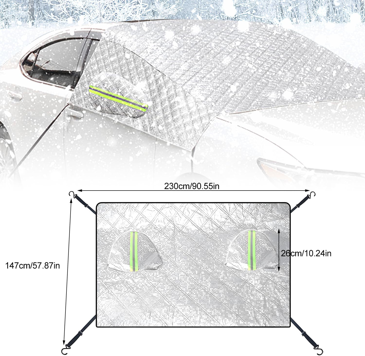 Riloer Paraneve Per Parabrezza Auto, Copertura Antigelo Invernale, 205x150 Cm, Con Tasche Per Specchietti - 5