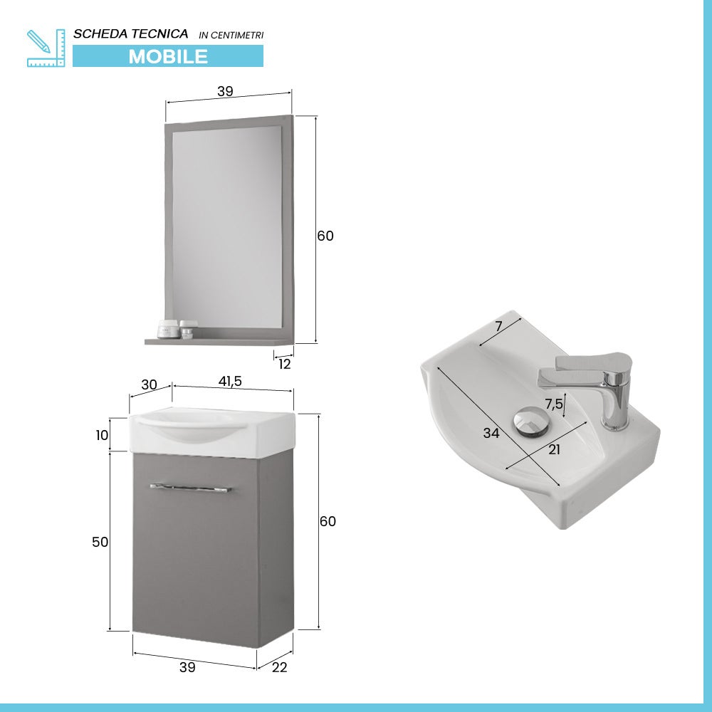 Mobiletto bagno sospeso 39 cm mini salvaspazio grigio 1 anta Elys - 3