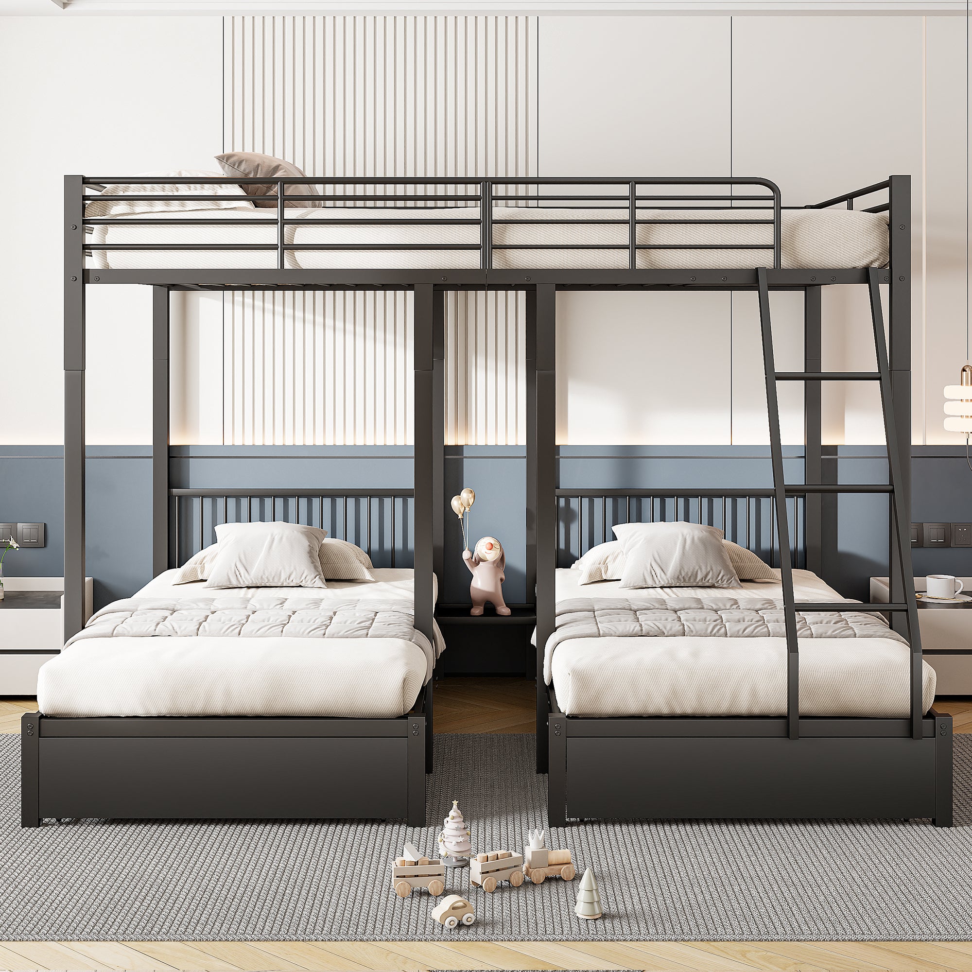 Łóżko piętrowe dla 3 dzieci z 2 szufladami - 140x200cm i 2x90x200cm - stelaż pod materac - czarne (materac nie jest wliczony w cenę)