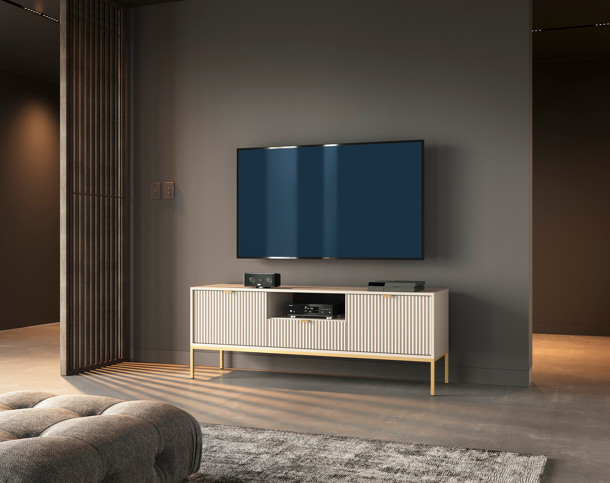 Szafka TV: 1 szuflada, kaszmir, stelaż złoty, 154 x 56 x 39 cm, złote uchwyty - 4