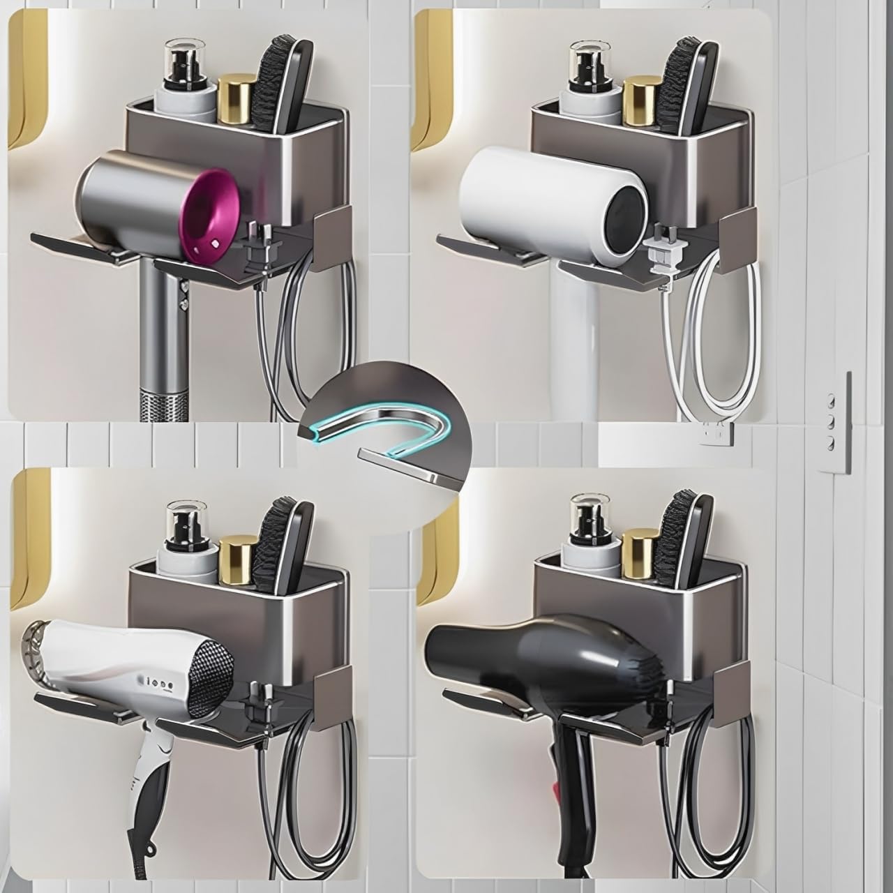 Support mural pour sèche-cheveux – Idéal pour les chambres, les hôtels et les salles de bain – Aucun perçage requis avec gestion des câbles – Gris - 4