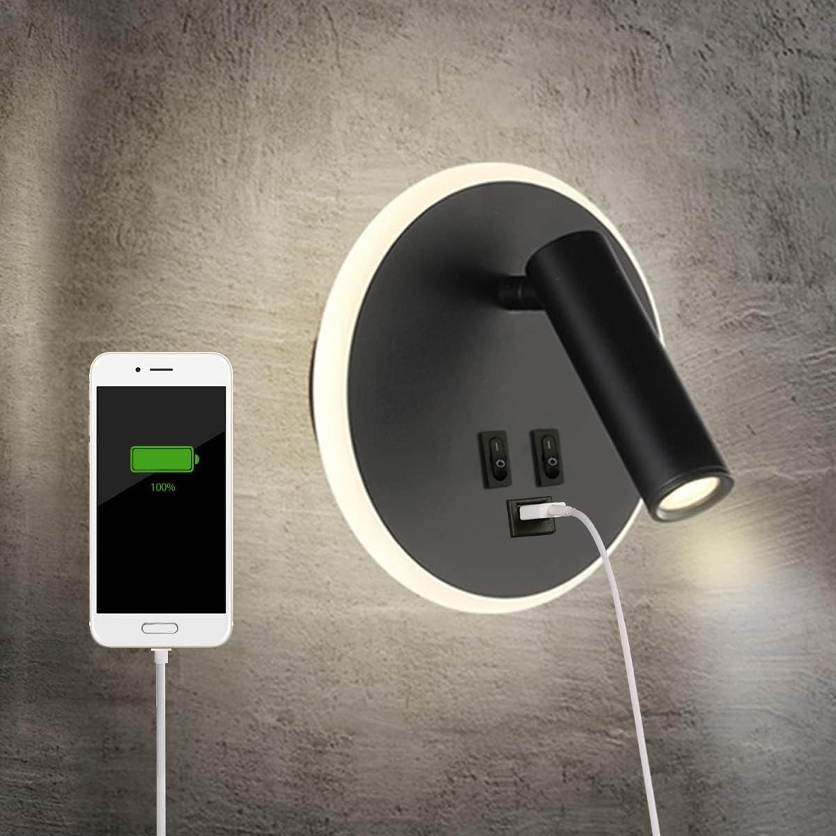 13W LED Kinkiet, Lampka Nocna z Włącznikiem, Port Ładowania USB, Ciepłe Światło - Okrągły Czarny
