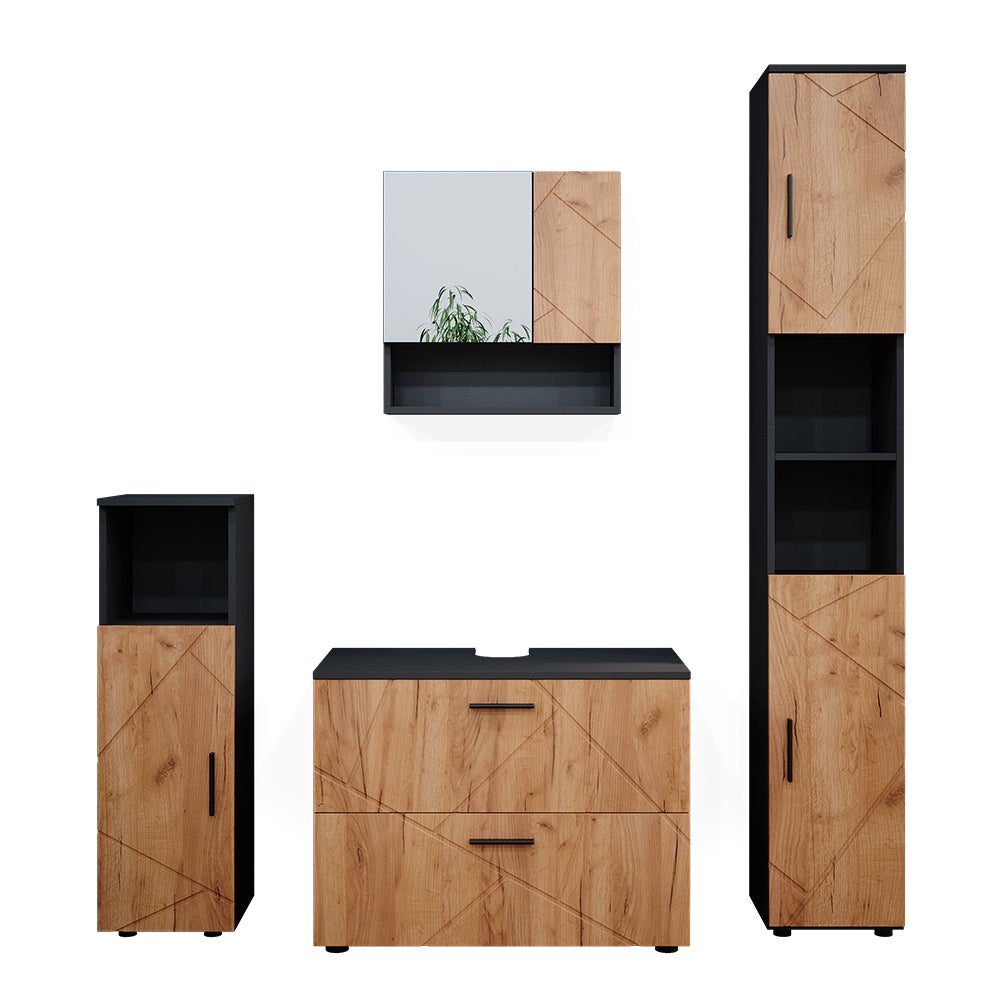 Vicco Zestaw mebli łazienkowych Irma, Złoty dąb power/antracyt, 4 części, z szafką z szufladami i szafką wysoką