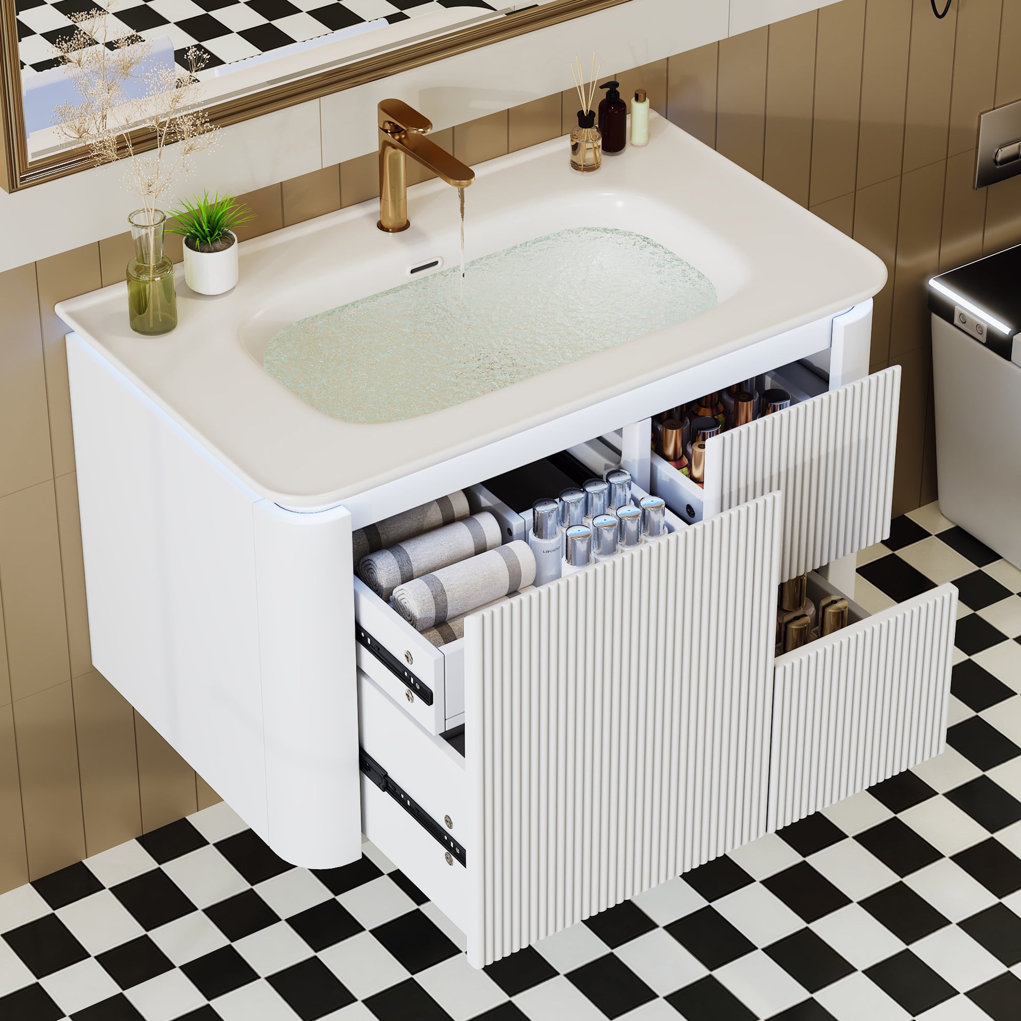 Meuble de salle de bain mural - Vasque simple en céramique et 4 tiroirs - 80,5 x 47,5 x 51 cm - MDF - LEDs - Laqué blanc - 2