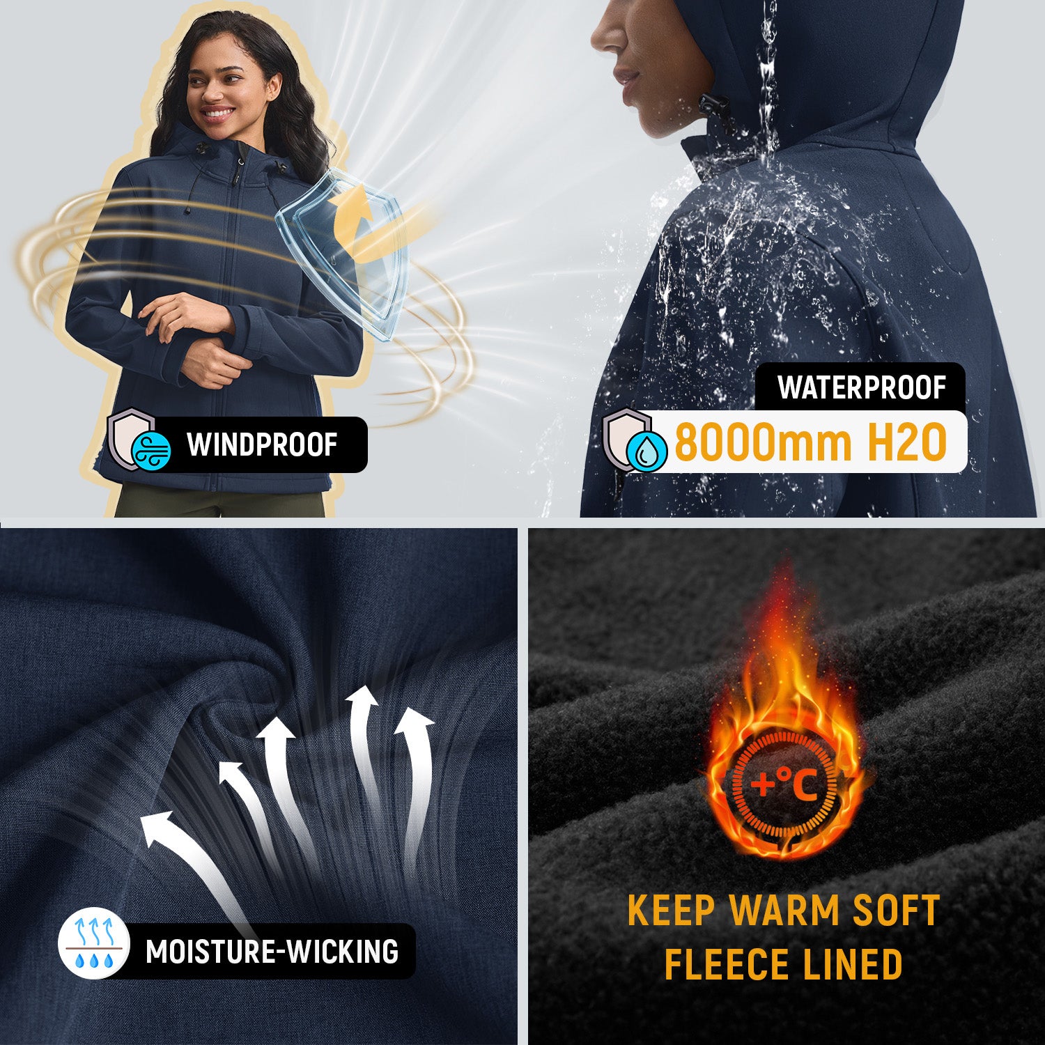 Veste de Travail Femme Taille L Blouson & Softshell - Imperméable, Anti-Vent, Fourré Chaud, Poches Multiples, Capuche - Bleu foncé - 4