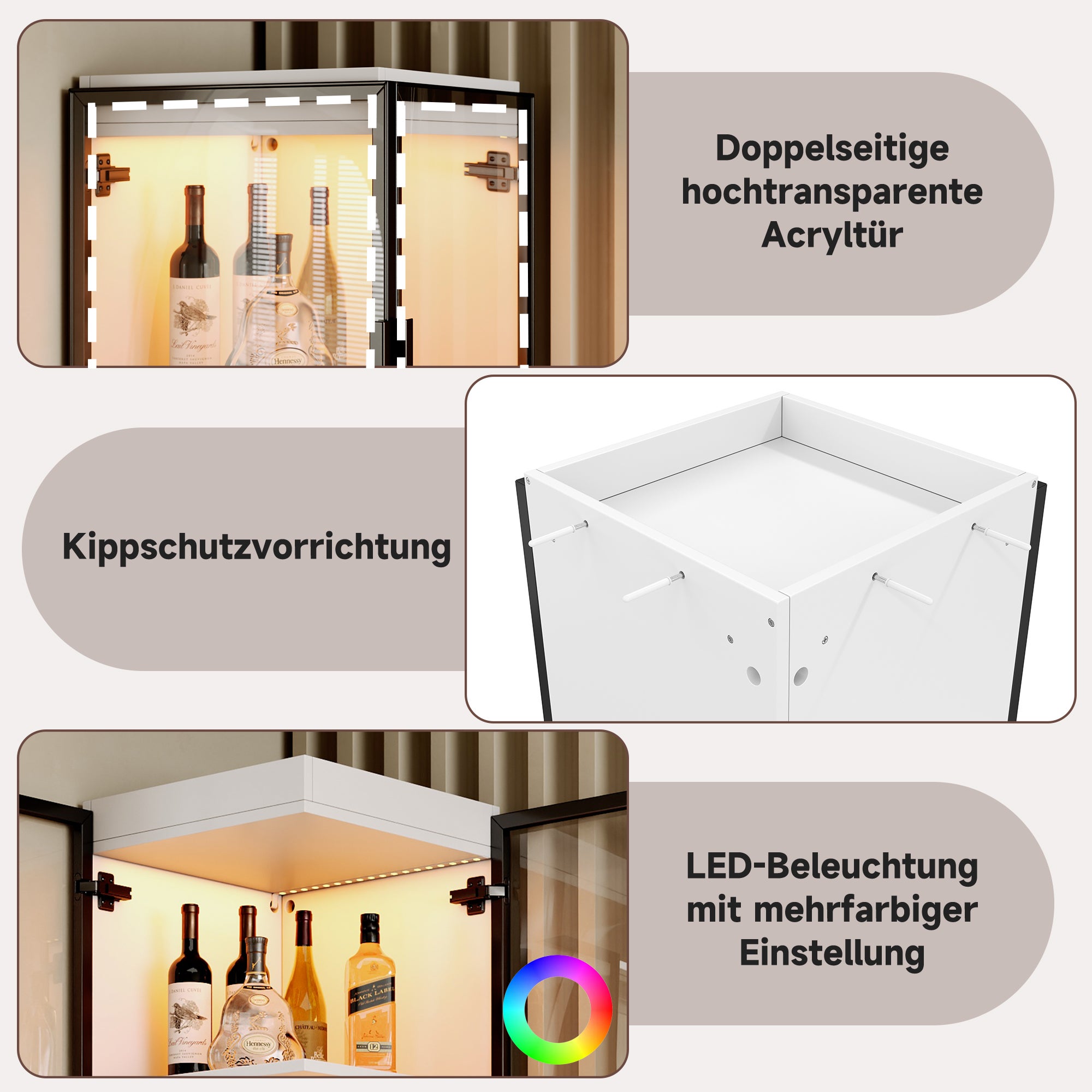 Vitrine Haute en verre 40x40x170 cm avec LED, Vitrine moderne avec 5 Étagères et 4 Portes, Vitrine d'angle en bois, pour Salon ou Salle à Manger - 3