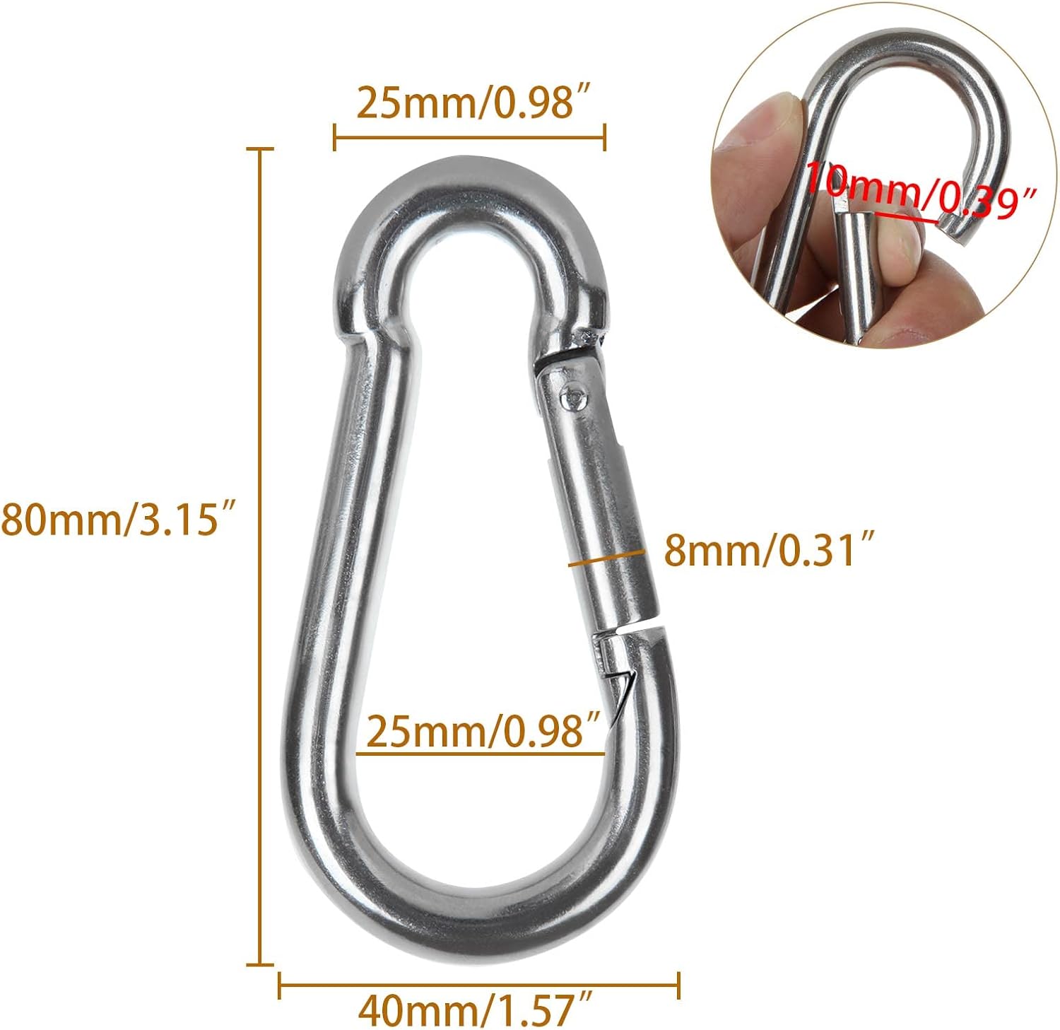 Lot 8 mousquetons inox M8, 80mm – Capacité 500 kg, crochet résistant pour hamac, balançoire, hamac – Fixation fiable et durable - 2