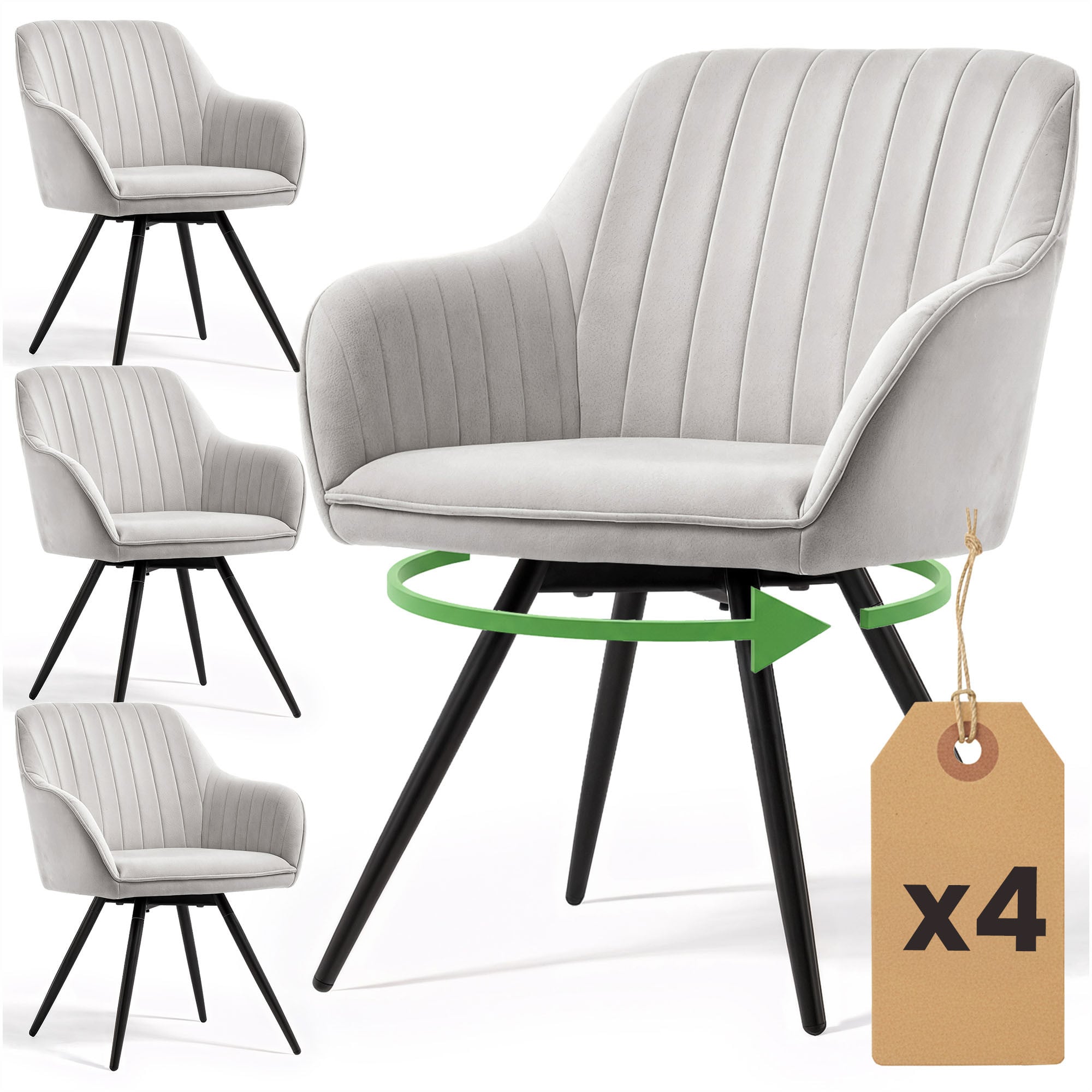 4x Welurowe krzesło obrotowe z przeszyciami Szare TURNO Czarne nogi