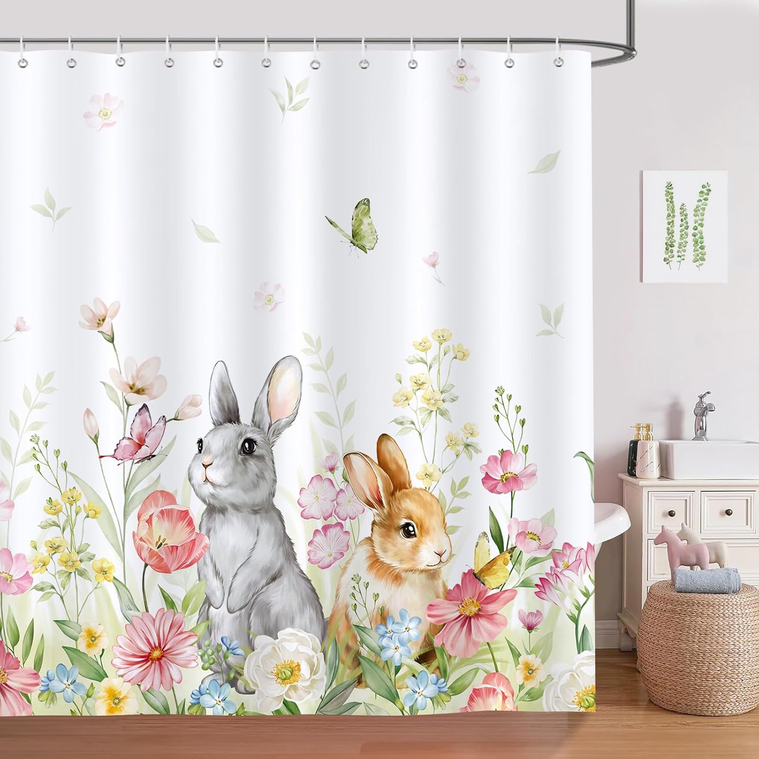 Orediy - Tenda da doccia con coniglietti pasquali, in poliestere, impermeabile, con ganci, 183 x 183 cm