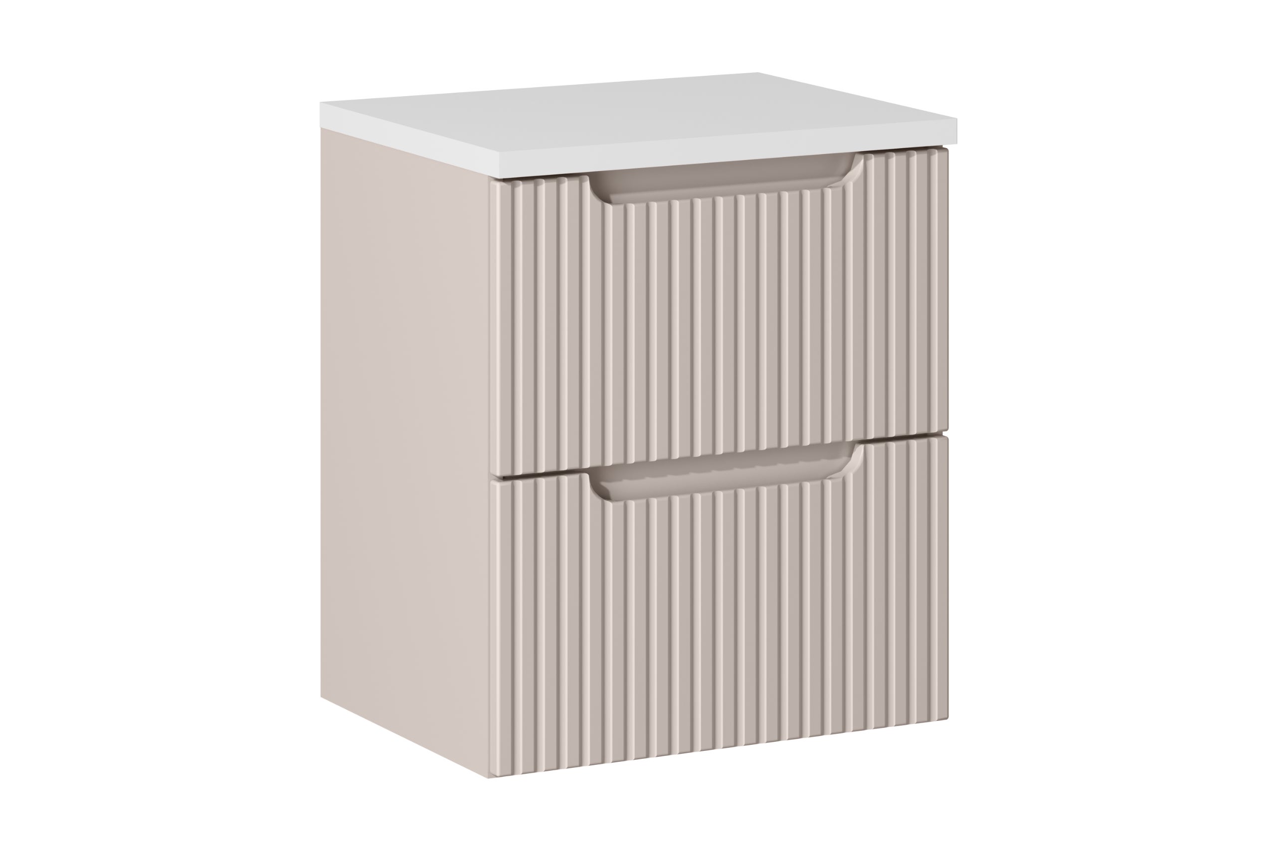 Kaszmirowa szafka pod umywalkę NOVA 50 cm z białym blatem, wisząca, ryflowane fronty, 2 szuflady