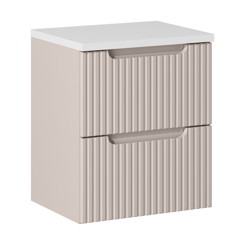 Kaszmirowa szafka pod umywalkę NOVA 50 cm z białym blatem, wisząca, ryflowane fronty, 2 szuflady