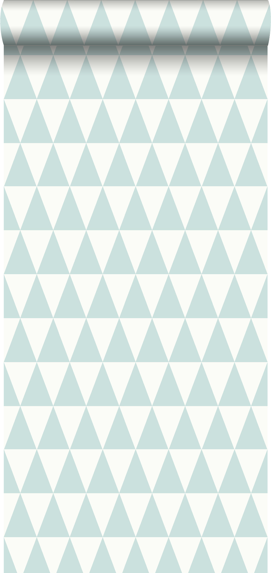 Papel pintado triángulo geométrico gráfico verde menta pastel agrisado claro y blanco mate - 53 cm x 10,05 m - estahome