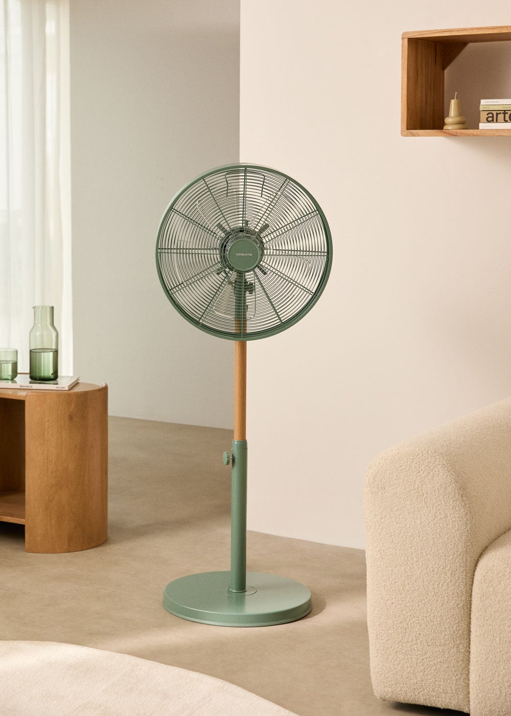 Ventilateur Sur Pied Oscillant HARPER Style Rétro Blanc Et Bois Naturel - 50W Moteur Cuivre, 3 Vitesses, Hauteur Réglable