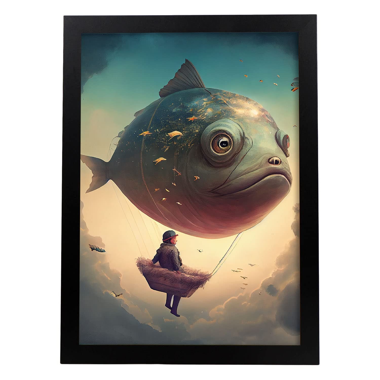 Nacnic poster pez zepelín en estilo surrealismo cinematográfico ilustraciones y grabados de historieta abstracta y artística para a3 marco negro