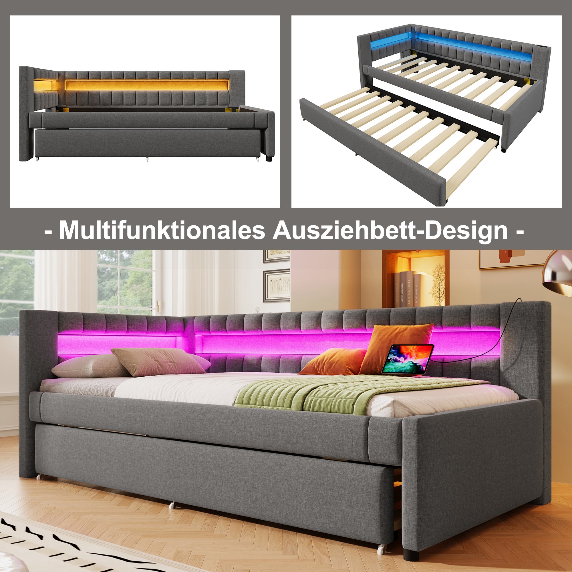 Cama nido para adultos de lino 90 × 200 cm con barra luminosa LED, sofá cama 2 en 1 con somier de láminas, USB + TYPE-C, Gris (sin colchón) - 3