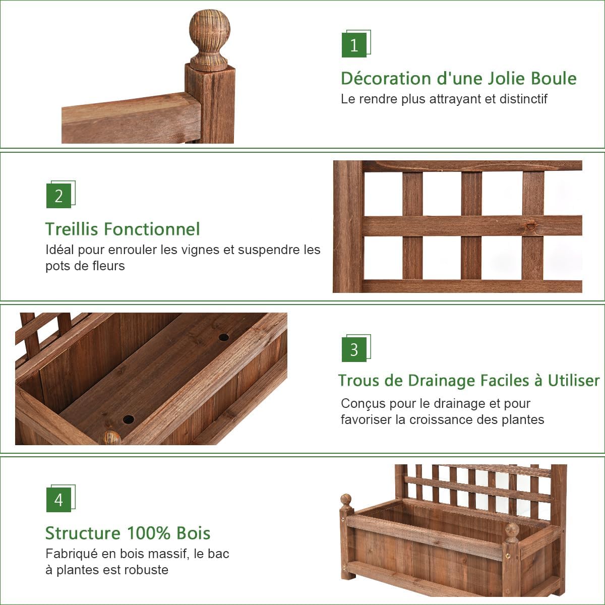 Jardinière avec Treillis en Bois de Sapin, Bac à Fleurs Résistant aux Intempéries pour Plante Grimpante Vigne Fleurs, 63,5 x 28 x 122 cm - 8