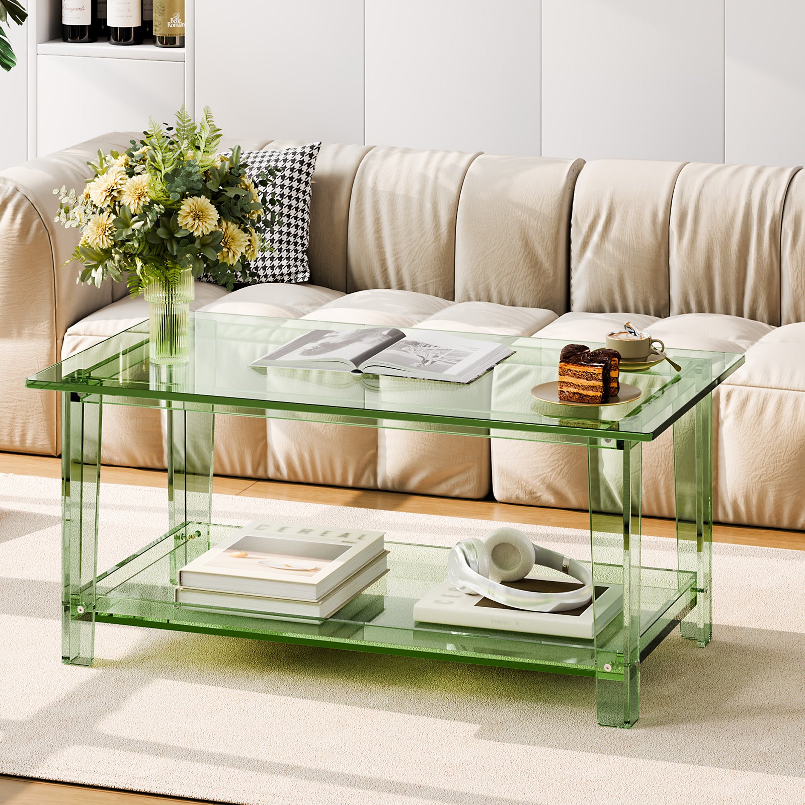 Table basse en acrylique VEVOR, 50 x 80 x 40 cm, table d'appoint de salon à 2 niveaux avec étagère de rangement, pour salon, cuisine, bureau, vert - 8