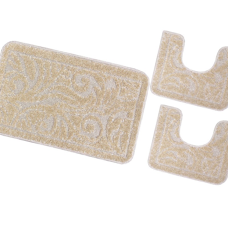 Zestaw 3 dywaników łazienkowych Antypoślizgowy Absorbent Barokowy Jednolity Kolor Jasnokremowy
