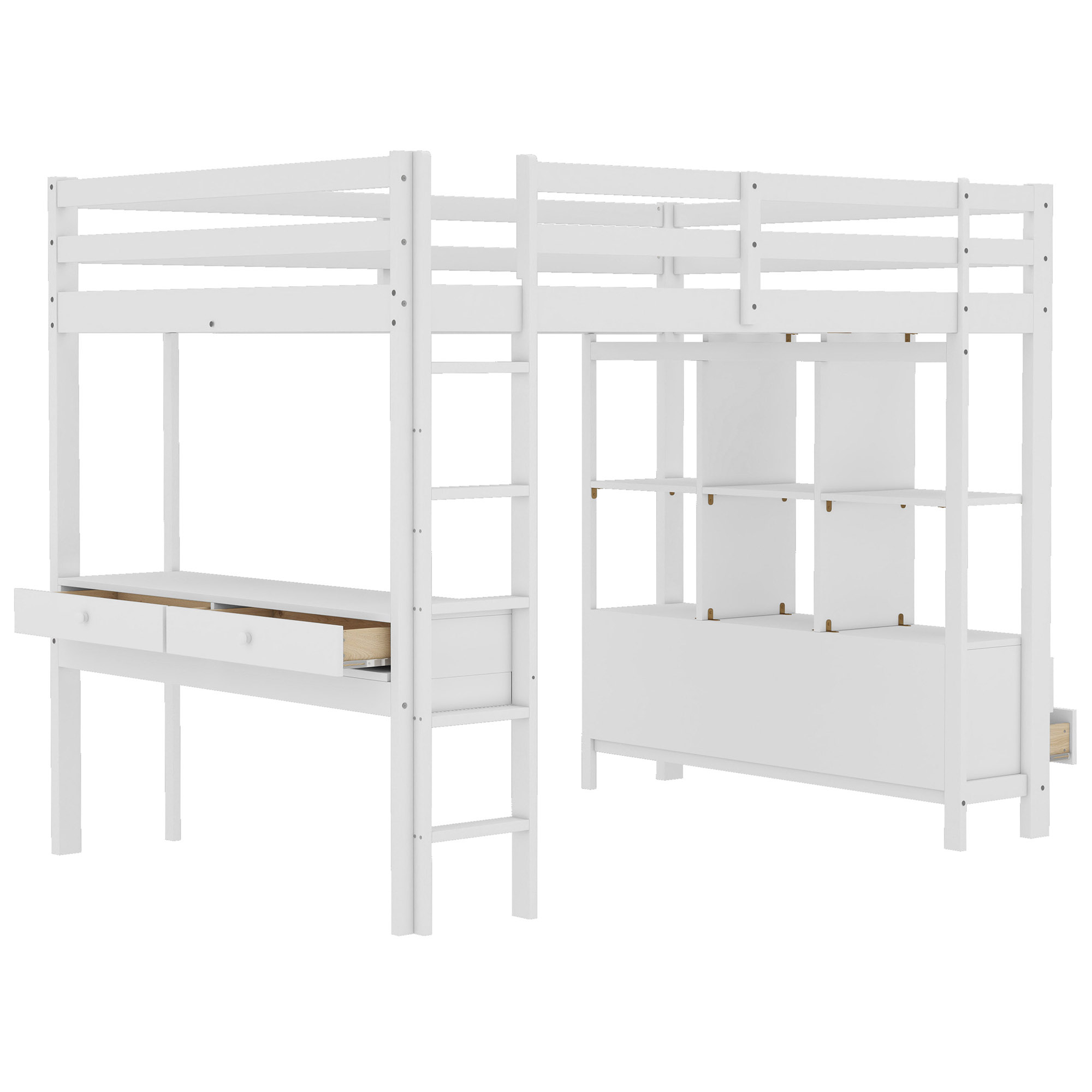 Letto a soppalco, letto a soppalco per bambini 140 x 200 cm con cassetti contenitore e scrivania sotto il letto, senza materasso, bianco - 8
