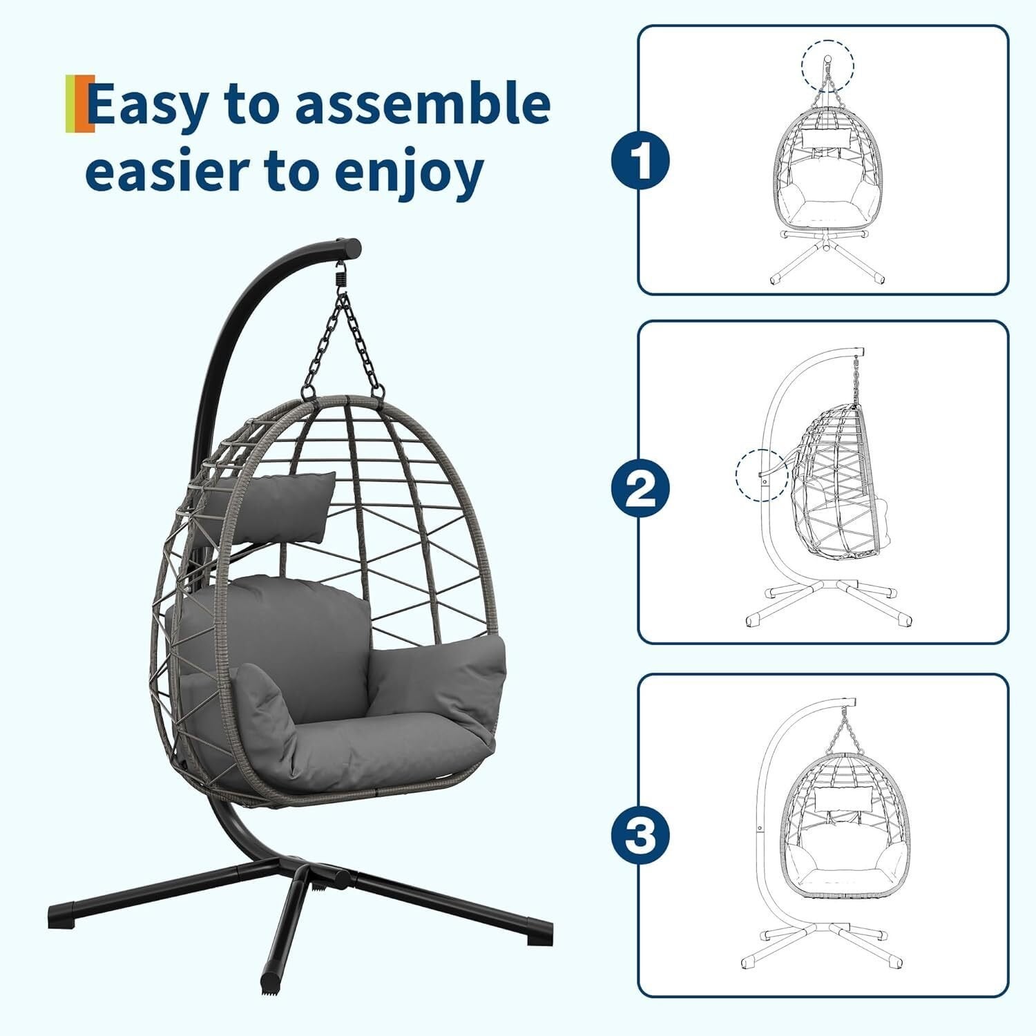 Fauteuil œuf suspendu en rotin avec support et coussin, pliable avec housse de protection, max 130 kg, pour intérieur et extérieur - 7