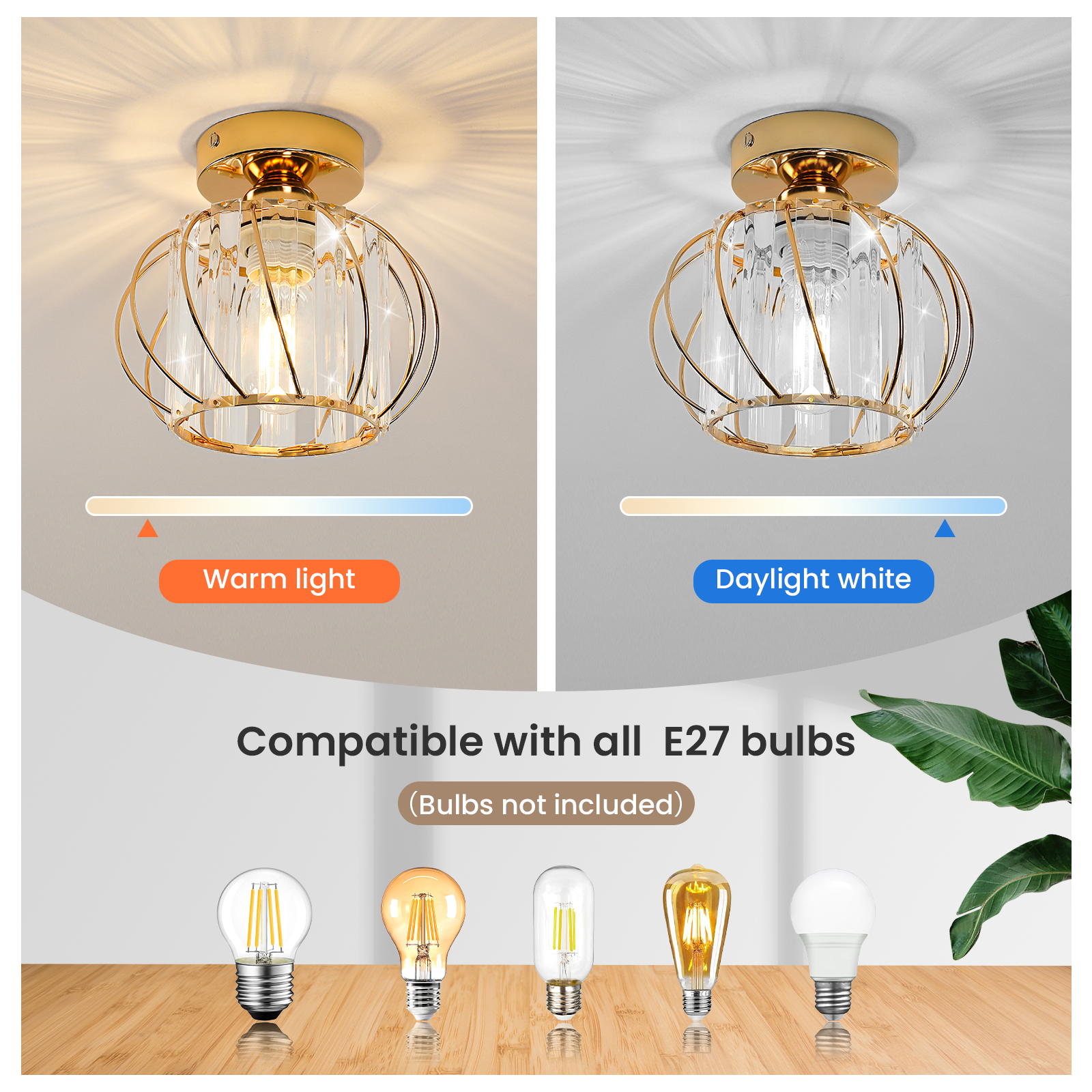 GOECO Plafonnier Cristal Doré en Métal, Luminaire Plafond E27 Rond Ø19cm pour Salon Chambre Couloir Intérieur - 8