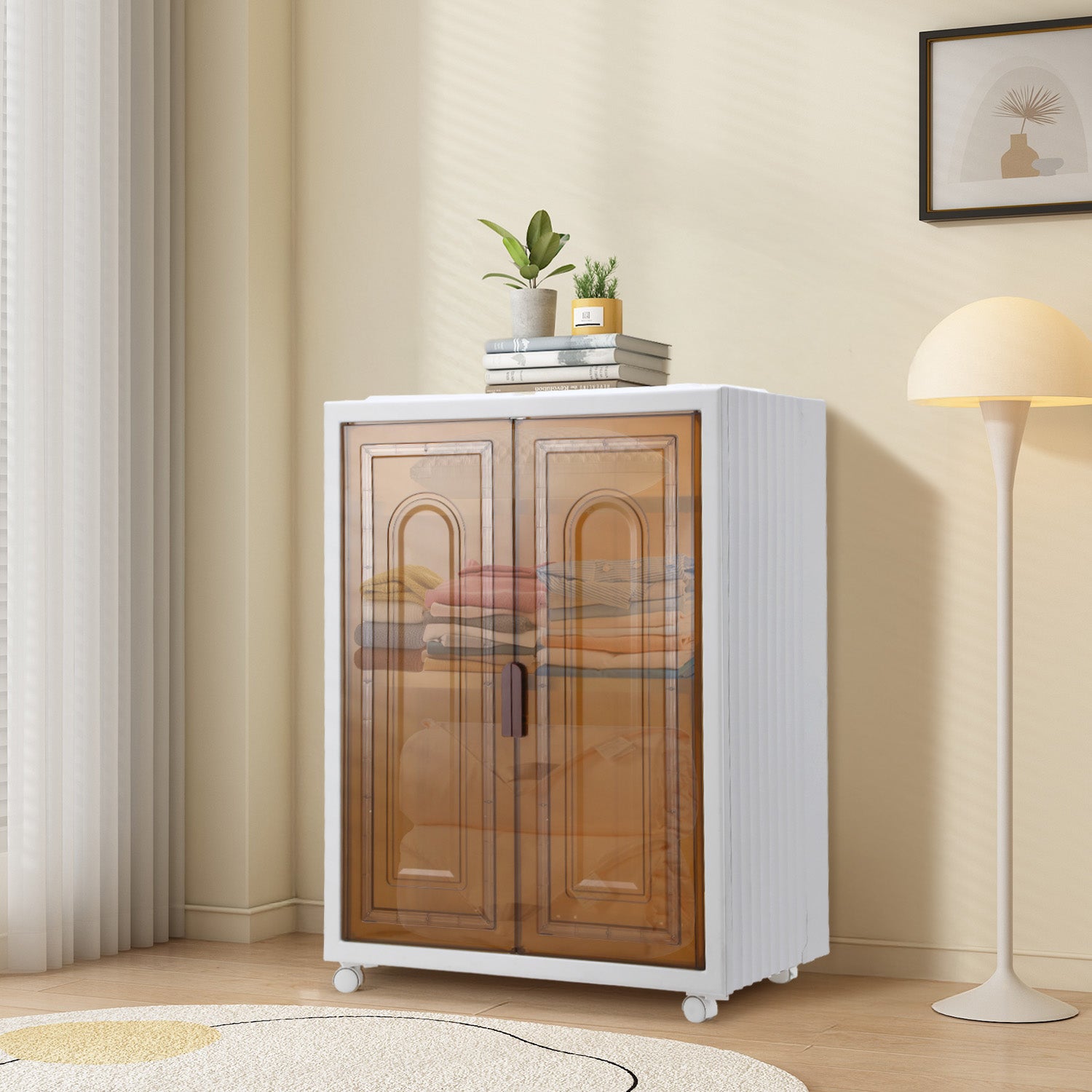 Caja de almacenaje plegable, 310 l, 3 niveles, puerta y tapa, para comestibles, ropa, plegable, blanco