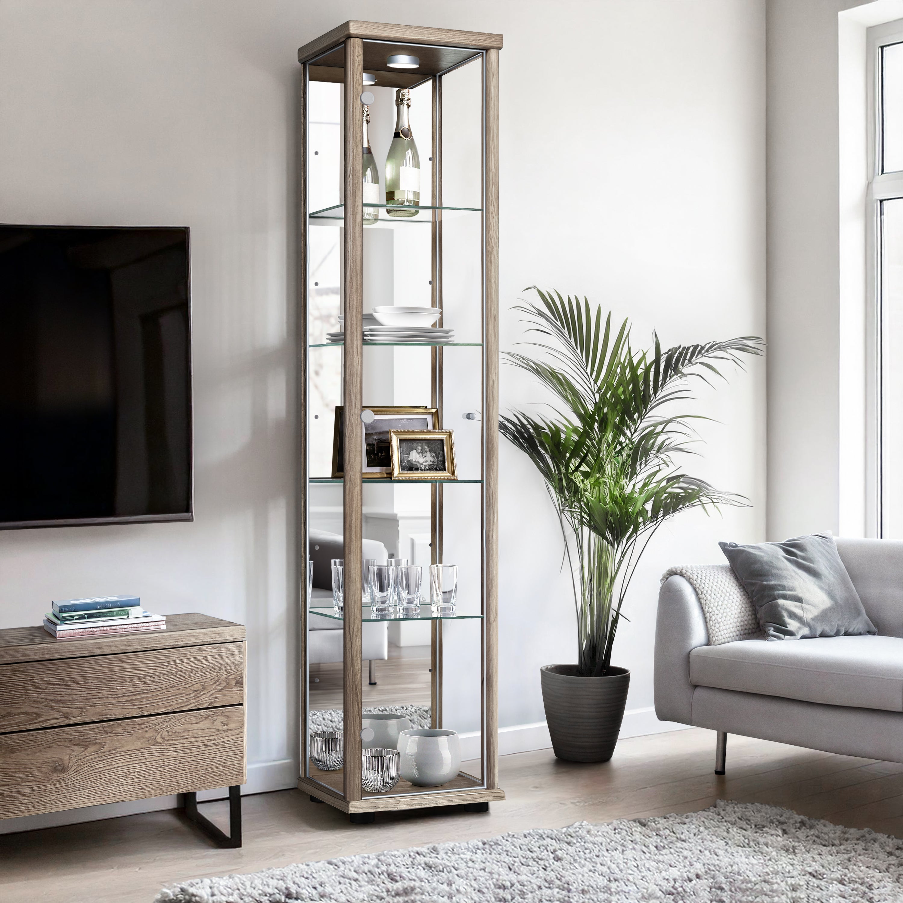 K-Möbel Witryna szklana Dąb Sonoma (176x37x33 cm) z lustrem i oświetleniem LED