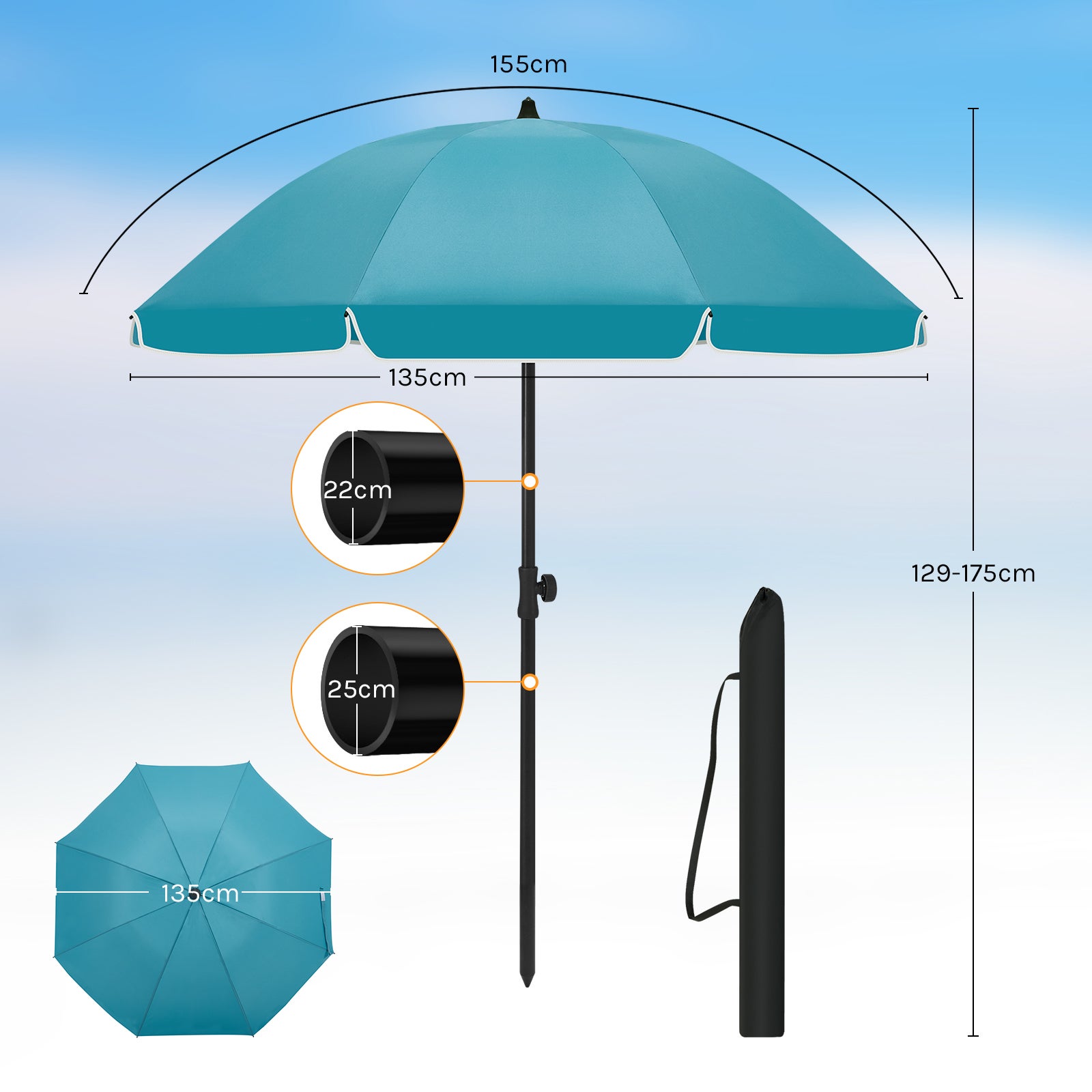 Parasol de Jardin Extérieur WOLTU, Parasol rond, Inclinable sur 45°, Hauteur Réglable, Anti-UV, φ 155 cm, Bleu - 4